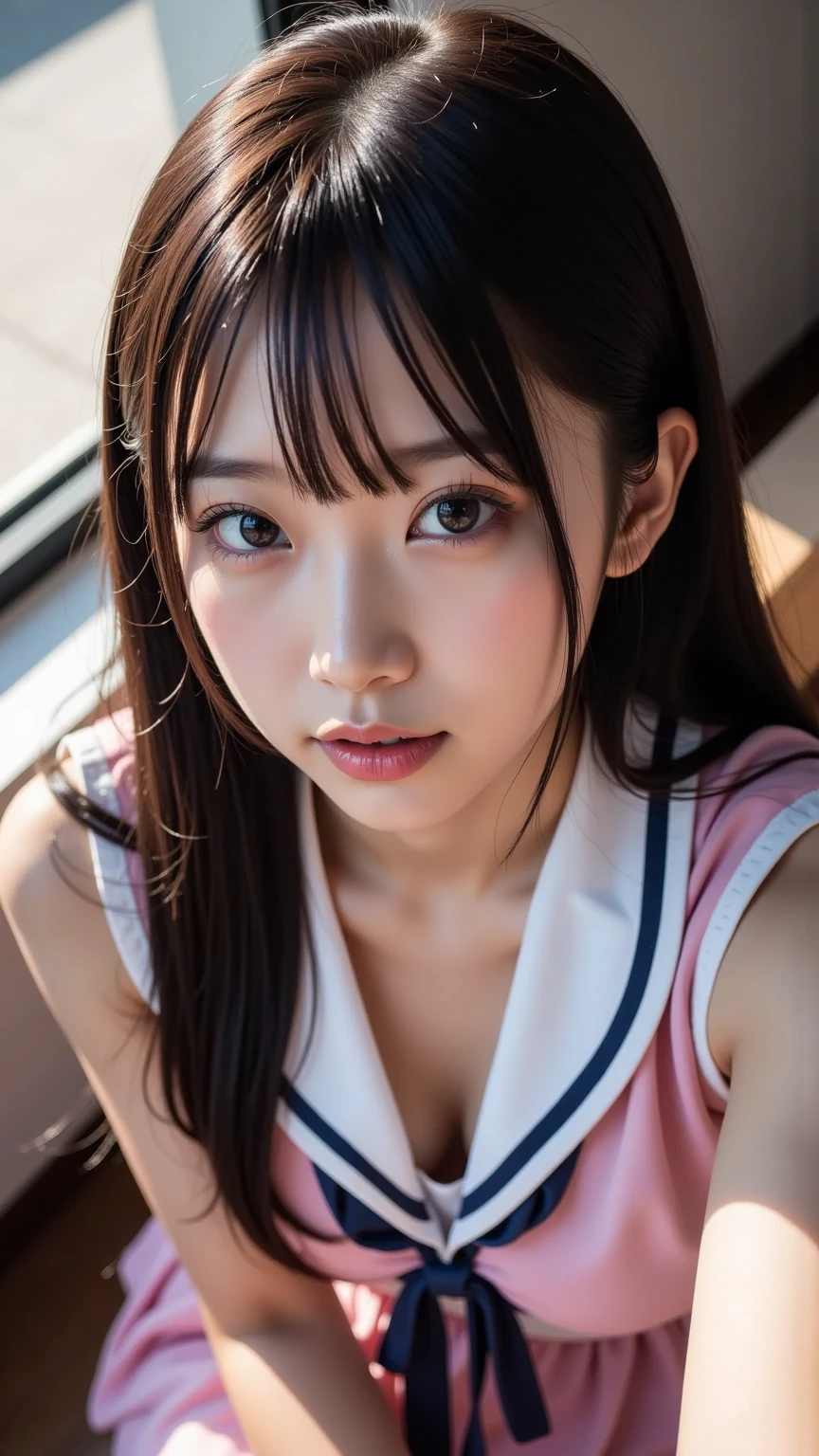 1girl, japanese gravure model, cute beautiful girl, large breasts, firm breasts, clean face skin, smile shyly,
BREAK
(sexy feeling:1.2), (erotic feeling:1.2),
(hot-pillow hotel's room:1.2), (Immediately after sexual intercourse:1.3), (japanese high school uniform with sailor collar:1.2), sailor uniform, red scarf, (pleated check skirt:1.3),
(dynamic angle, dynamic pose:1.3),
BREAK
masterpiece, best quality, highres, detailed skin, detailed, detailed face and eyes, hi-res, natural lighting, perfect anatomy, physically-based rendering, photorealistic, symmetric clear eyes, well-groomed face,