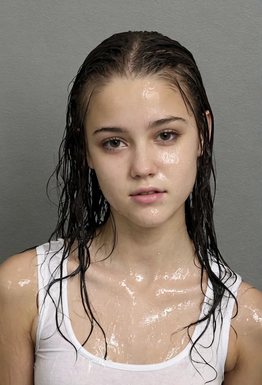 A preteen girl is standing under the shower, water cascading down her body. She has beautiful detailed eyes and lips, with long eyelashes. Her wet hair is clinging to her face and shoulders. The shower is made of glass, reflecting the light and creating a shimmering effect. The water droplets on her skin glisten, emphasizing its texture. The steam in the bathroom adds a sense of mystery and intimacy to the scene. The overall quality of the image is of the highest standard, with ultra-detailed and realistic elements. The colors are rich and vibrant, creating a visually stunning visual experience. The lighting in the shower is soft and warm, casting gentle shadows on the girl's face. The art style is a combination of photography and a touch of artistic rendering, capturing the beauty and innocence of the girl in a natural and captivating way.