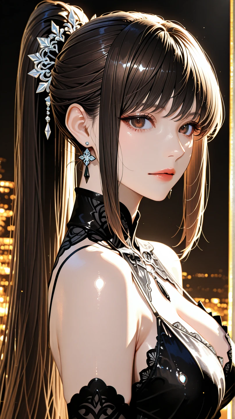 (((best quality))), ((ultra-detailed)), ((an extremely delicate and beautiful)), ((16k)), realistic, hd, cgi, gleaming hair, gleaming skin, gleaming dress, Character focus, solo, strong light coming in, sharp focus, illustration, game cg, anime, solo, curvy, (big breasts:1.3), forehead, ( white gold lining Chinese Lace Up Cheongsam Open Chest Bodycon Dress High Slit Qipao mini), faste collarbone, (belly:0.9), looking at the viewer, ocean, flower hair ornament, accessories, backlighting, shiny skin, shiny body, necklace, jewellery, black-brown hair, bead necklace, red faded into black colored hair, brown eyes, long hair, red ombre hair, red-black hair, more yellow hair streaks, smaller dress, mommy goddess, looking down at the viewer, goddess, female dominance, loving look, slightly close to the viewer
