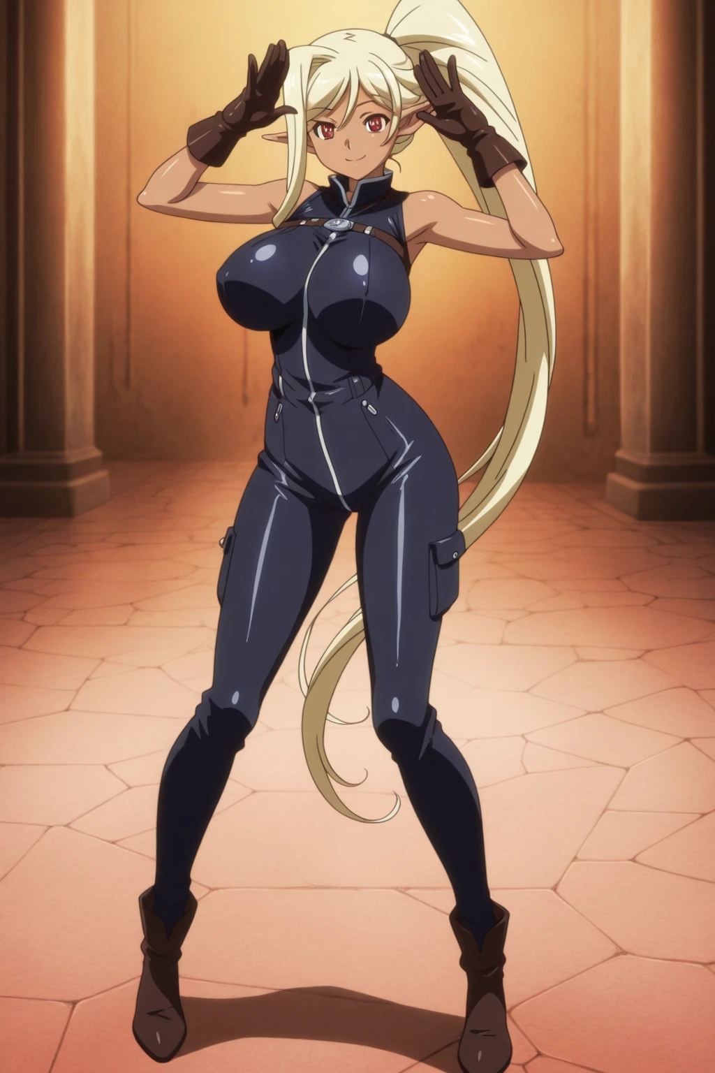 anime waifu bodybuilder, beautiful face, smiling face, perfect body, fit body, abdomen, large breasts, muscular, ((hair) long and blonde), ((clothing) white colored tight swimsuit, torn), (torn cape at the tip covering the body of black color, and hood covering the head of black color), character A2