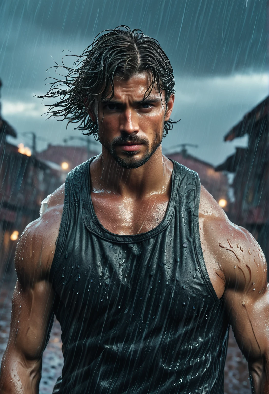 realista:1.3,( Fotorrealista, 8k, Fotos RAW, Qualidade premium, Obra-prima, epic lighting. de perto, Imagem centralizada), (primeiro plano),((1 homem bonito, well-formed and self-confident muscles, Post-apocalyptic, guerreiro, Rostro y cuerpo perfeitoamente detallados, (primeiro plano), cena chuvosa, poor lighting due to rain,(( rosto e corpo molhados da chuva:1.5)),Atmospheric lighting, dynamic pose, cabelo lindo e detalhado, Roupas de couro)),  ((Cena imaginativa)),((perfeito, Meticulosamente detalhado.:1.3)), ((Tiro certeiro: 1.4)), ((melhor qualidade )), ((obra de arte)), 3D, (hiper detalhado: 1.3), ((epic scenery: 1.3)), ((noite background: 1.3 ))), (((noite:1.2))), ( fotorrealista: 1.4), ((frontal camera)),( (Low-light noite cinematic lighting: 1.2)). 32