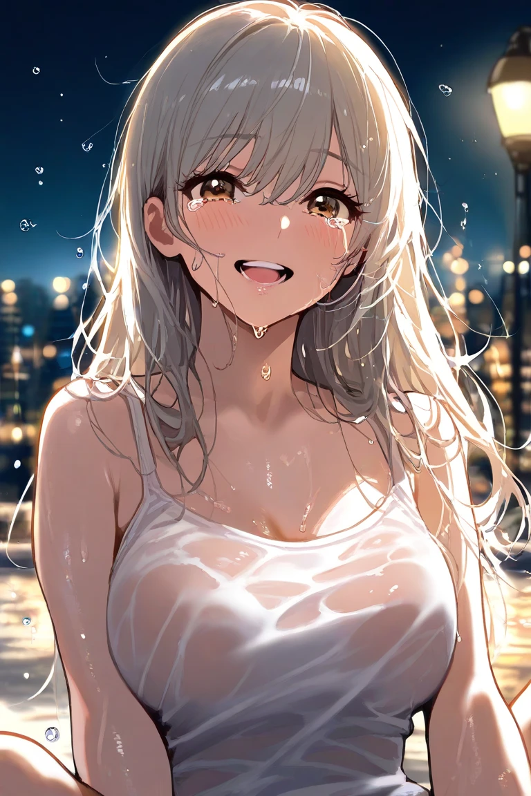 (masterpiece,top quality,high quality)), ((8K wallpaper unified with high definition CG)), (huge stunning goddess shot, so hot and sexy, jaw dropping beauty, perfect proportions, beautiful body, slim body beauty:1.3), (dancing in the rain:1.5)), Woman in white dress dancing in the rain, dancing in the rain, sloshing rain, soaking wet, soaking wet body, carnal desire, wet in the rain, wet dress, backlighting, rain, wet hair shaking, splashing rain, night, rain, portrait of dancer, facing away, looking across, eyes closed, Rough pose, dynamic composition,