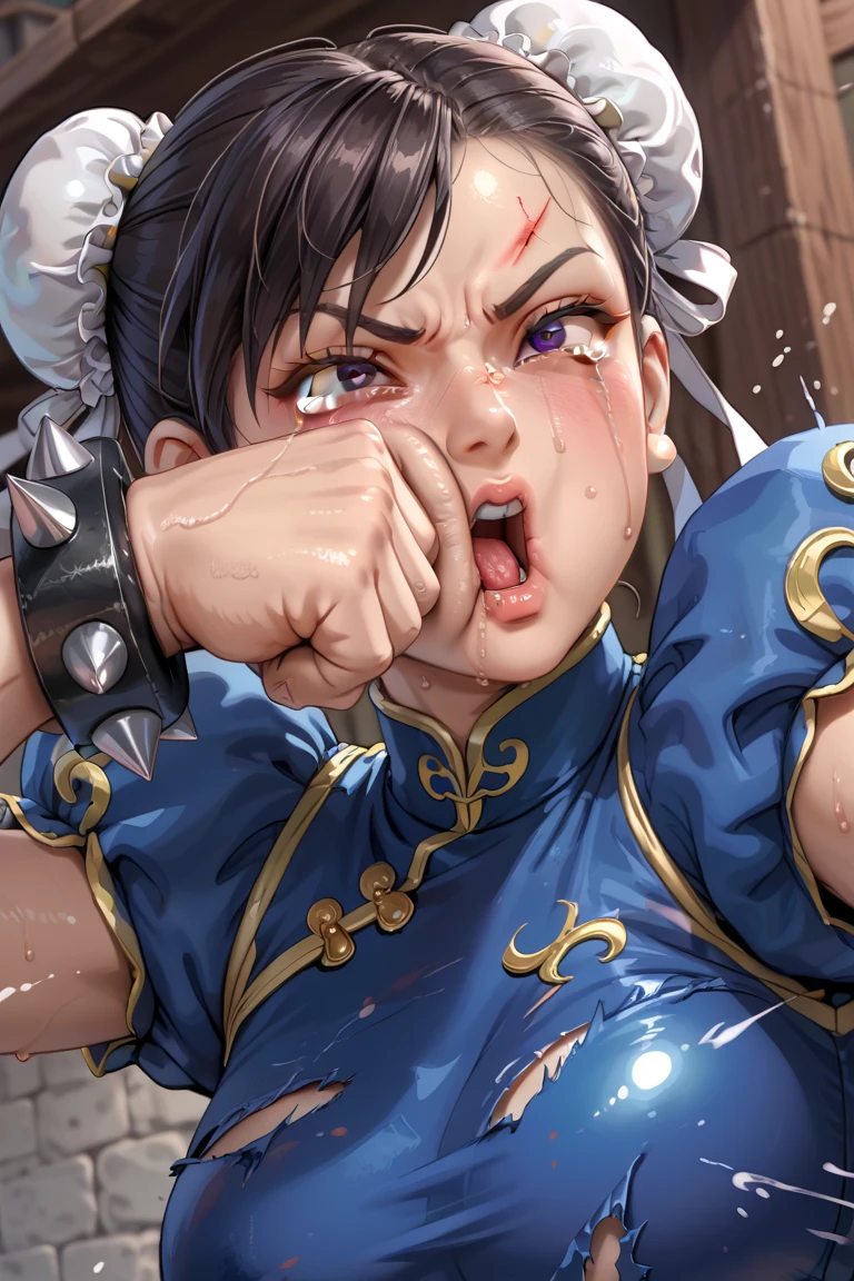The best masterpieces, ultra-quality, ultra-detailliert, 超A high resolution, Illustration, Dim lighting, Photo, 8K, 1girl in, Outrageously beautiful and cute, Sweaty skin,(, Shy), Chun-Li, Face full of scars、Skin shiny with sweat、 injured scared girl、 crying wet bursting out eyes, real tears streaming down face, ultra-detailed eyes,bandaid on face,covered with mud,expression of despair,Illumination that emphasizes shiny sweat{{{Spread }}},(crotch rope walking:1.0)