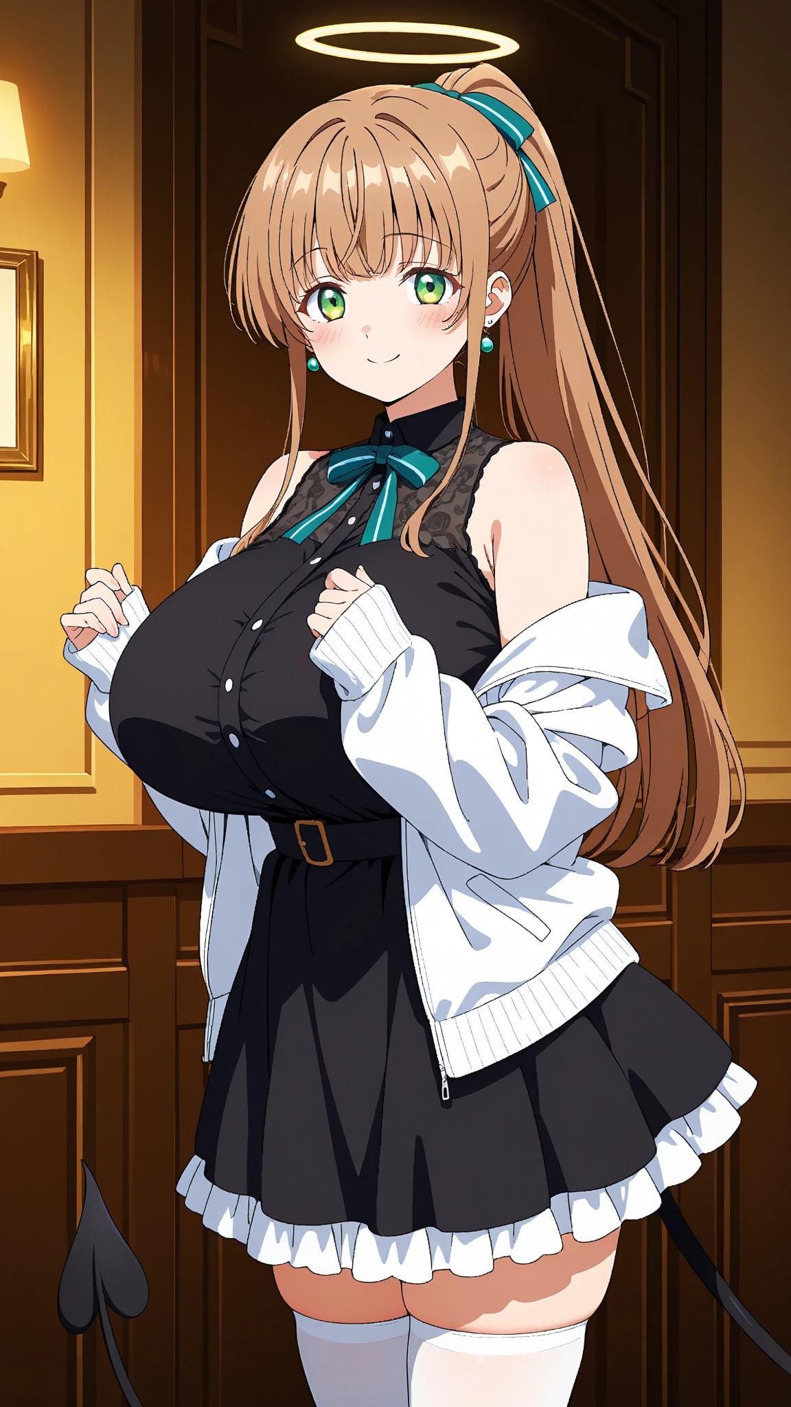 Masterpiece, highres, high Quality, detailed face, detailed body render, 1girl, solo, hyuuga hinata, hinata-sleeveless-outfit, large breasts, big breast, sleeveless shirt, fishnet top, dark lips, unzipped jacket, no bra, breasts out, nipple, standing, blushes, (on bedroom)