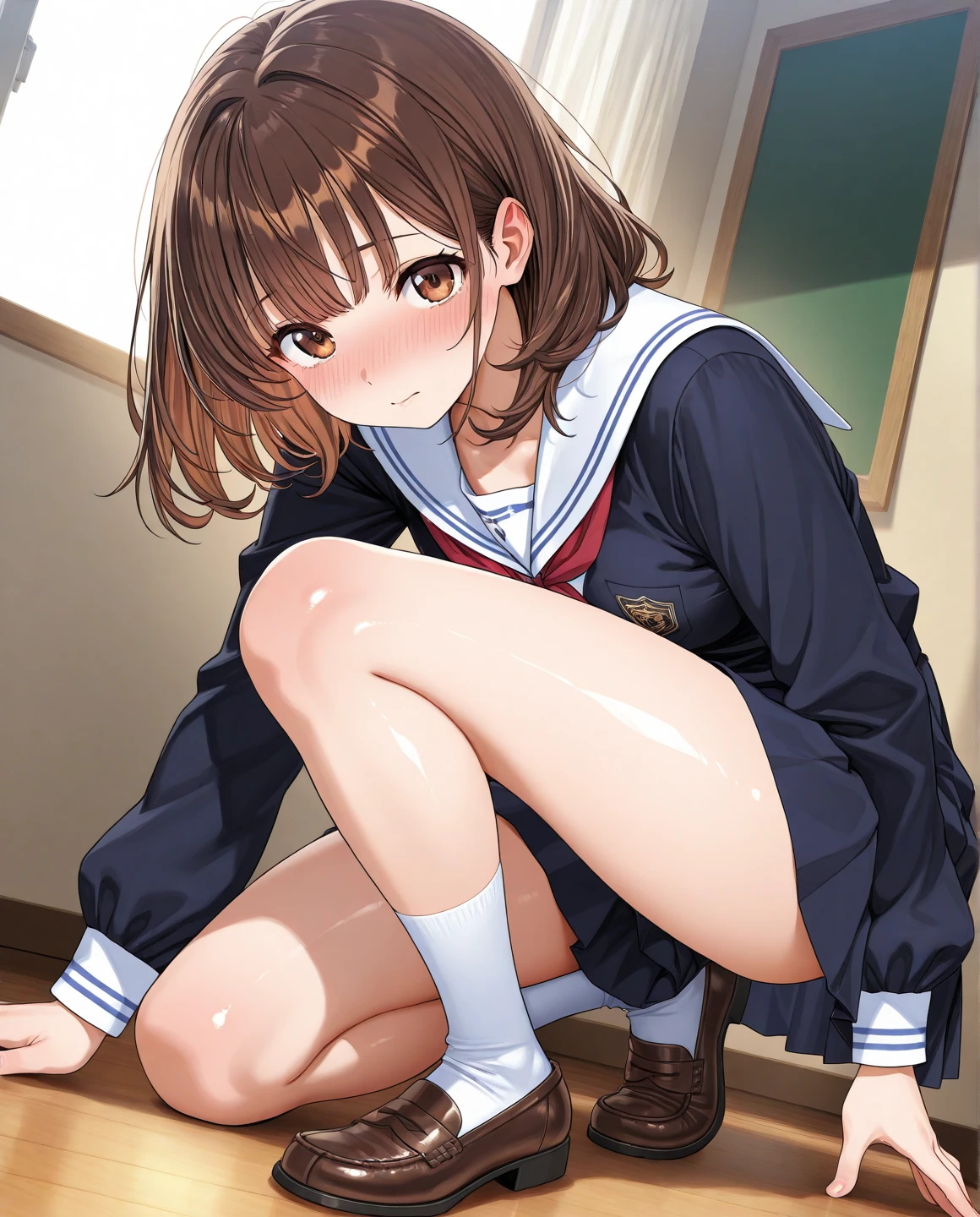 {{{masterpiece}}}, {{{best quality}}}, {{ultra-detailed}}, {illustration}, {{an extremely delicate and beautiful}}, 8k, nsfw, BREAK, toyama kasumi(BanG Dream!), cute face, brown hair, cone hair bun, star hair ornament, medium breasts, thin waist, big hips, curvaceous, {school uniform}, {Hanasakigawa Girls' Academy High School Uniform(Winter clothes)}, neck ribbon, red ribbon, brown dress, white sailor collar, brown shirt, double-breasted, long sleeves, brown skirt, black socks, loafers, brown footwear, BREAK, NSFW, anime girl nude and in bed spreading her pussy lips wide, 1girl, solo, (spread_pussy:1.1),(pussy focus:1.3), (bare pussy:1.3), (Vaginal hole:1.1),(urethra:1.1),(Kupaa:1.1), open vagina, clitoris, spread vagina by both hands, crotch grab, nail, looking at viewer, spread legs, {{open vagina, spread pussy, pussy, clitoris glans, urethra, vaginal opening, labia minora, uterus, smooth pussy}}, taking off clothes, open clothes, Open shirt, breasts, nipples, lift up skirt, blush,open mouth,embarrassed,naughty expression, raise your legs, M-shaped spread your legs, on the bed, uncensored