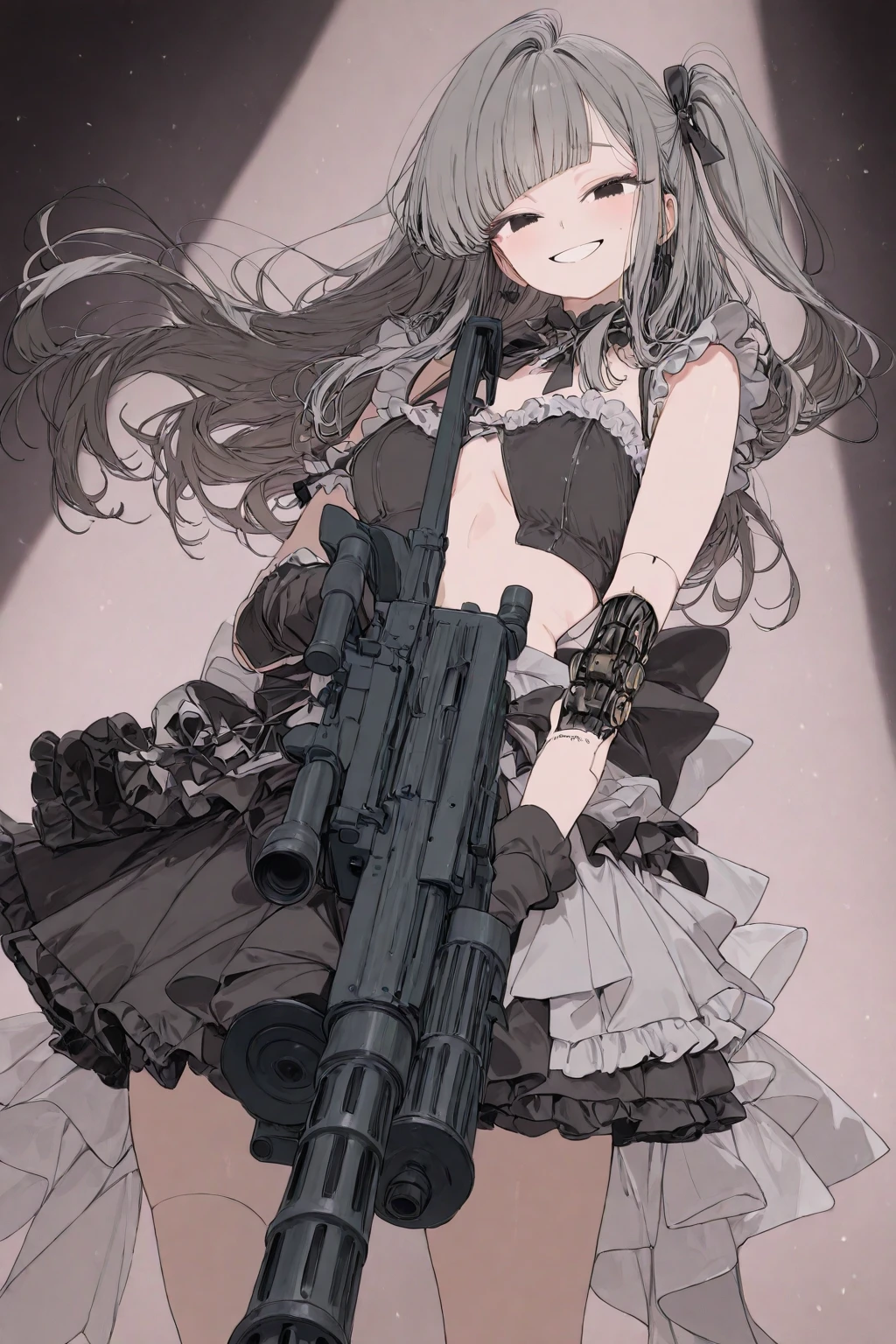 navel, choker, midriff, strap slip, peaked cap, fingerless gloves, (hat, mini top hat, single thighhigh, black skirt, frilled dress:1.2) ,water gun,