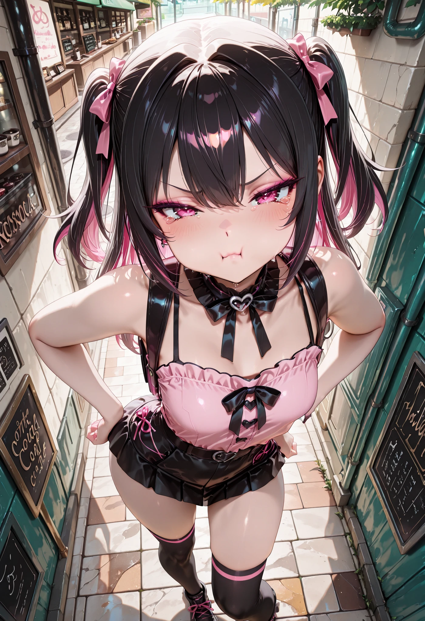 Hands behind back,stand,Straight Stand,open mouth,tongue out,cum on tongue,1girl,((((15-year-old girl)))),Short,slender,small breasts,front view,front face,from front,(looking down:2),(from above),(look at viewer),cowboy shot,Black Hair,Medium Hair,two side up,Gray Eyes,Drooping eyes,slit pupils,narrow eyes.Mischievous smile,Sheer black and dark pink negligee,Sexy Lingerie,Collar with leash,Dimly lit room,Gray wall,Dim lighting,Beautiful and detailed anime art,
