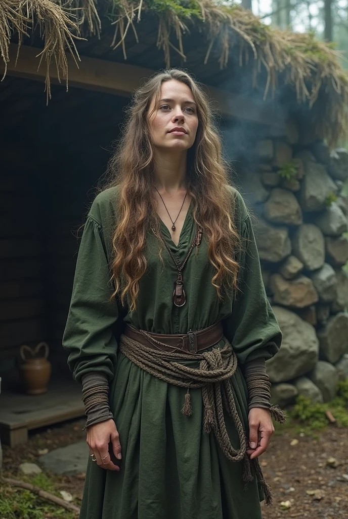 ((Female, 27 years old, red dead redemption aura, 1800s outlaw, dark green eyes, dark brown hair in messy braid, wearing dark poncho and tattered jeans, gun belt, knife strapped to leg, rifle strapped to back, dirty skin, back to viewer, head turned to look at viewer, slightly frown, intimidating look, excellent quality, detailed face, detailed clothing, detailed body))