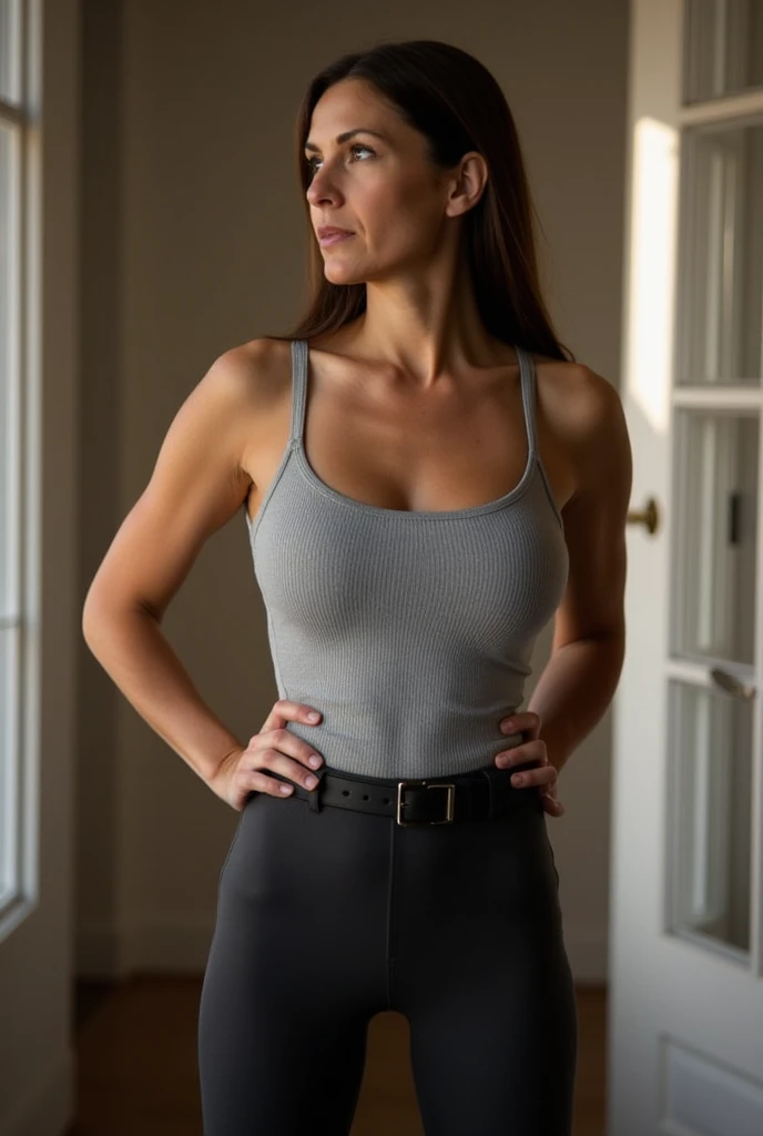 arafed woman standing in her living room in a blue top and black leggings, ana de la reguera-magdalena radziej merged, 40 years old, seductive smirk, entire body visible, full body, hyperrealistic, best quality, 8K, real human skin, masterpiece, extremely intricate, medium closeup, detailed eyes, detailed face, detailed body, exaggerated features, pronounced features, skin and pores
