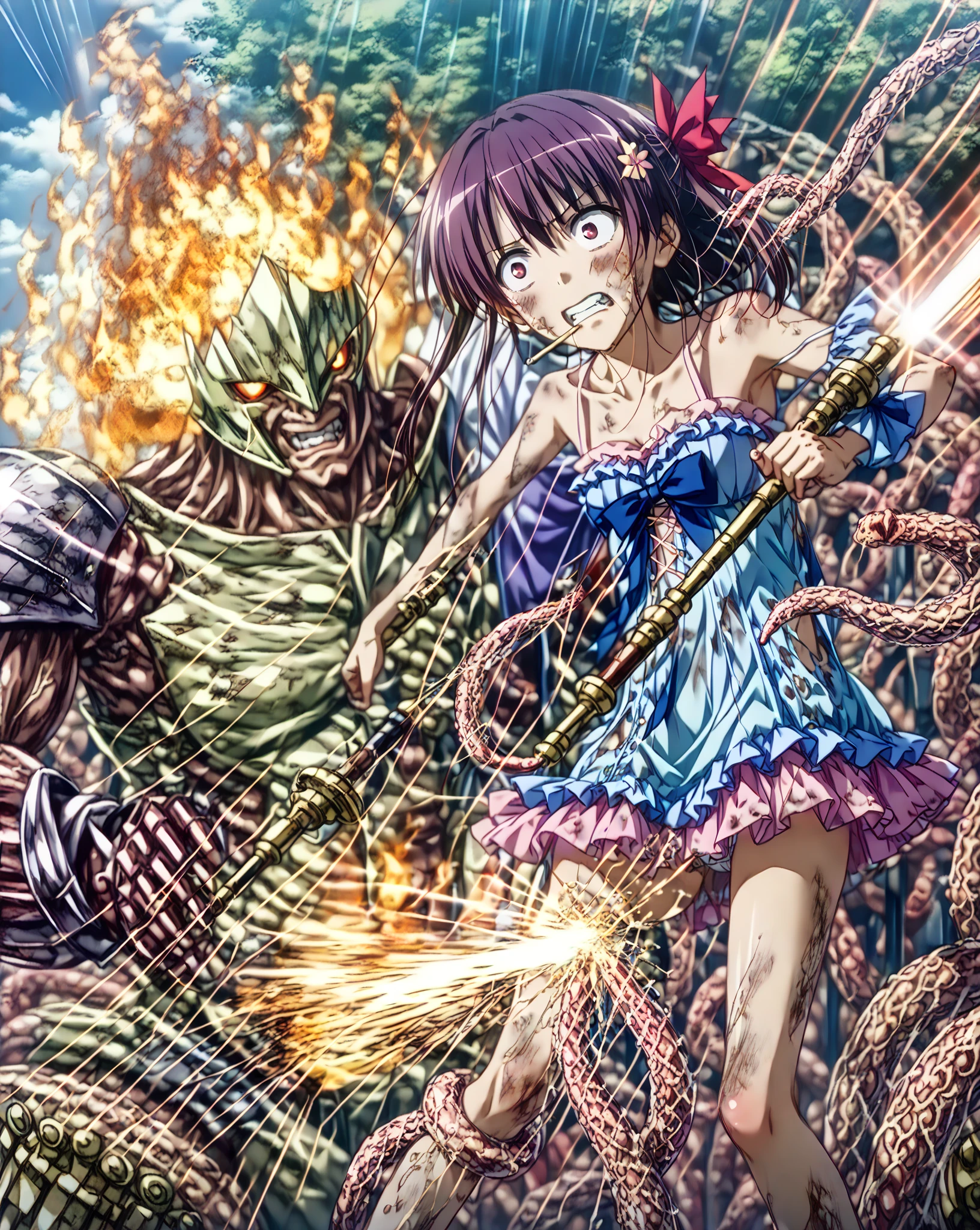 masterpiece, best quality, blue_hair, brown_eyes, (sword:1.2), attack, tentacles ,battle, armor, beautiful_eyes, <lora:1990's_PC:0.8>