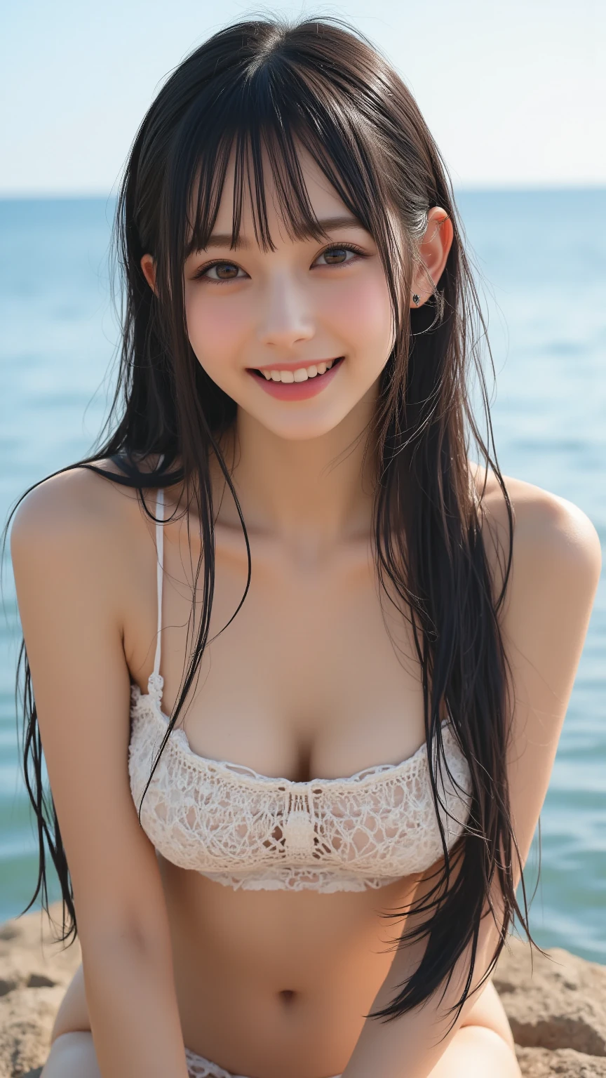 highest quality, masterpiece, Ultra-high resolution, (Realistic:1.4), (Close-up portrait) RAW Photos, 1 girl, 22 years old,((Dark night beach)),((moonlight)),Slender body,Mid-chest,((Animal print bikini)),((Long hair with straight bangs)),((Tie your hair)),((Looking up at the audience)), Realistic pictures,((Smiling with teeth showing)),