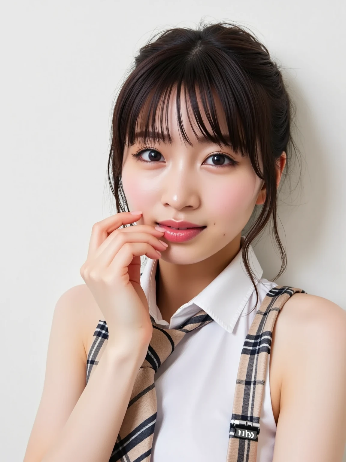 (She wore a cute frilly dress、Close-up portrait of a girl with a slim chest:1.3)、(No background:1.3)、(Anatomically correct:1.3)、(Complete Hand:1.3)、(Full Finger:1.3)、Photorealistic、Raw photo、Tabletop、highest quality、High Resolution、Delicate and beautiful、Perfect Face、Beautiful fine details、Fair skin、Real human skin、pores、((Thin legs))、(Black Hair)、Put your hands on your face、seductive smile