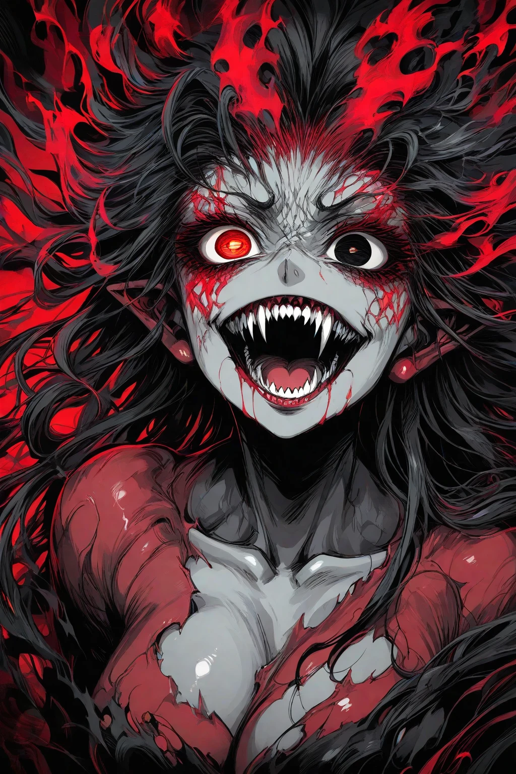 demonic, evil, nsfw, sexy woman, (brother moons), (dead space) ,science fiction, (beautiful glowing red eyes), photo realistic, 20 megapixel, nikon d850, ((full body intricate, vibrant, photo realistic, realistic, dramatic, sharp focus, 8k)), (faded freckles:0.6), subsurface scattering, sharp, retouched, intricate detail, by Greg Rutkowski, by (Jeremy Lipking,:0.8), ((junji ito)), by ralph bakshi,((Silent Hill)), H.R. Giger, Beksinski