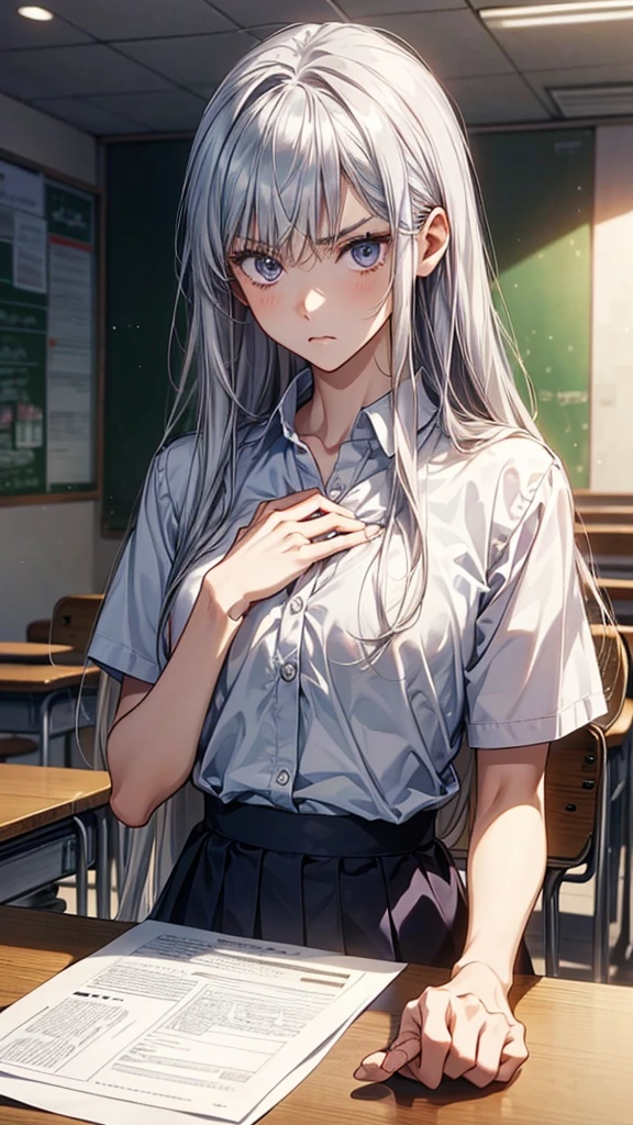 index, index, (green eyes:1.5), silver hair, long hair, (flat chest:1.2),happy smile, smile, open your mouth,White Y-shirt,yellow blazer,White pleated skirt,black pantyhose,brown loafers,sitting cross-legged on a chair,There is a textbook on the desk,daytime,
break looking at viewer, Upper body, whole body,
break indoors, School　classroom,
break (masterpiece:1.2), highest quality, High resolution, unity 8k wallpaper, (figure:0.8), (detailed and beautiful eyes:1.6), highly detailed face, perfect lighting, Very detailed CG, (perfect hands, perfect anatomy),