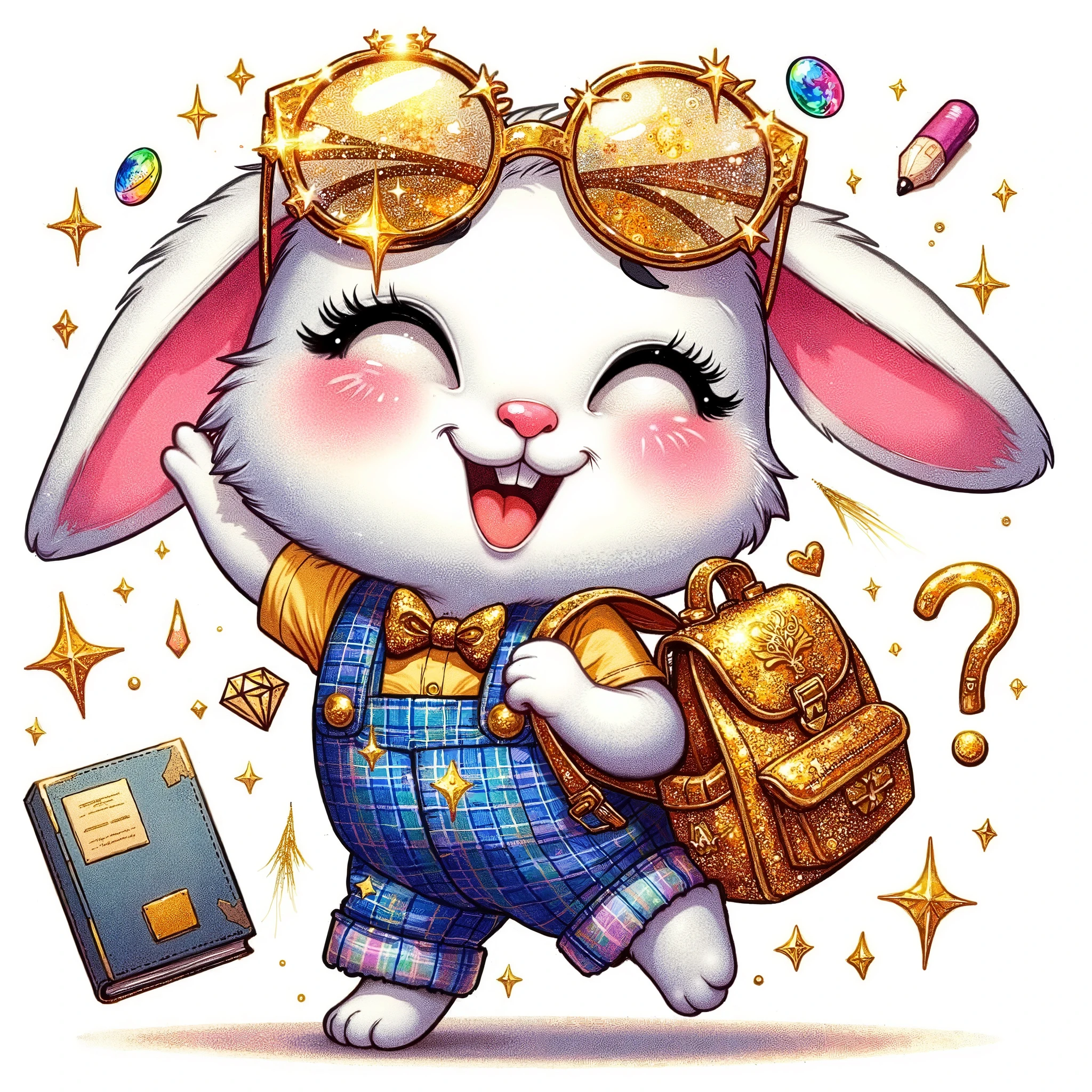 (extremally detailed hi-rez: 1.5) a quirky happy expressive emotions by Gabriel Pacheco and disney,glossing vibrant vivid only BLUE-GREEN-GOLD color-metallicgoldlines-inkblacklines, watercolor with clear contours, single very cute flirtous little 5years white RABBIT-BOY with schoolbooks, school clothes, isolated clipart on white background, glossing gold details,highfashion pose,whole-body,by Gabriel Pacheco,whole-body clipart