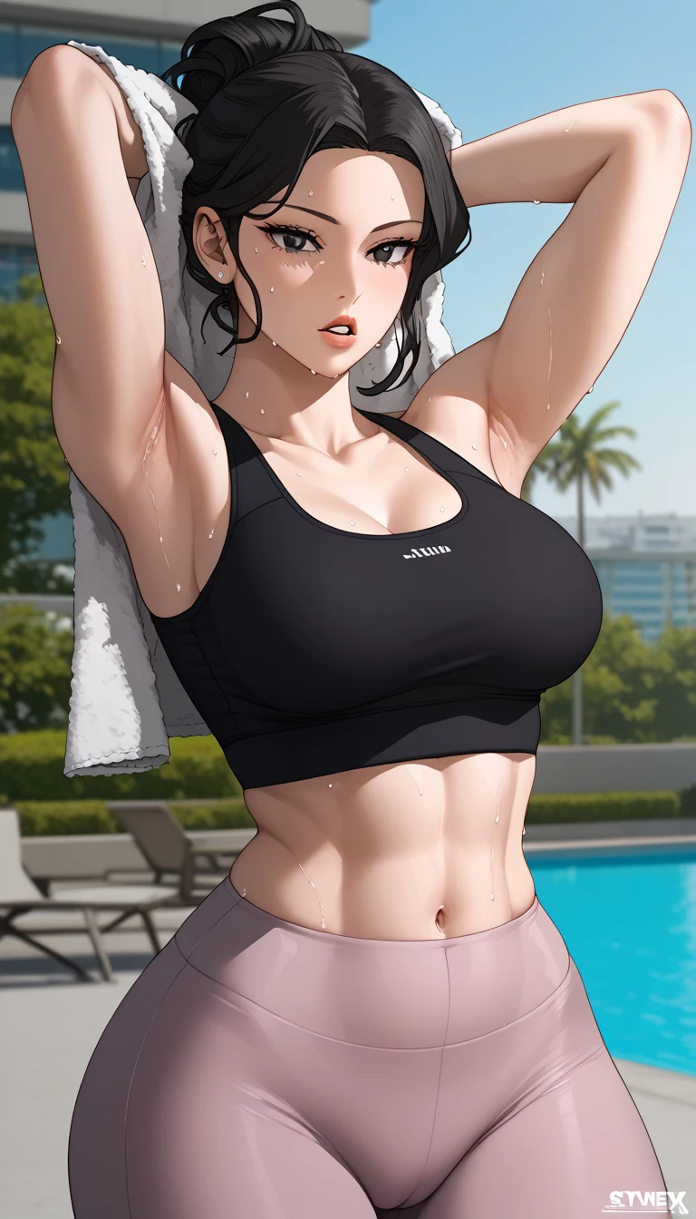 masterpiece, best quality, ultra detailed, absurdres, looking at viewer)1.5, 1girl, (sexy, beautiful woman, perfect face, perfect eyes, perfect female body)1.5, JuliaBloodstone, short hair, earrings, black hair, red eyes, mature female, milf, extremely detailed face, smile, sportswear, sport bra, yoga pants, sneakers, ,cameltoe, outdoors, day, summer,