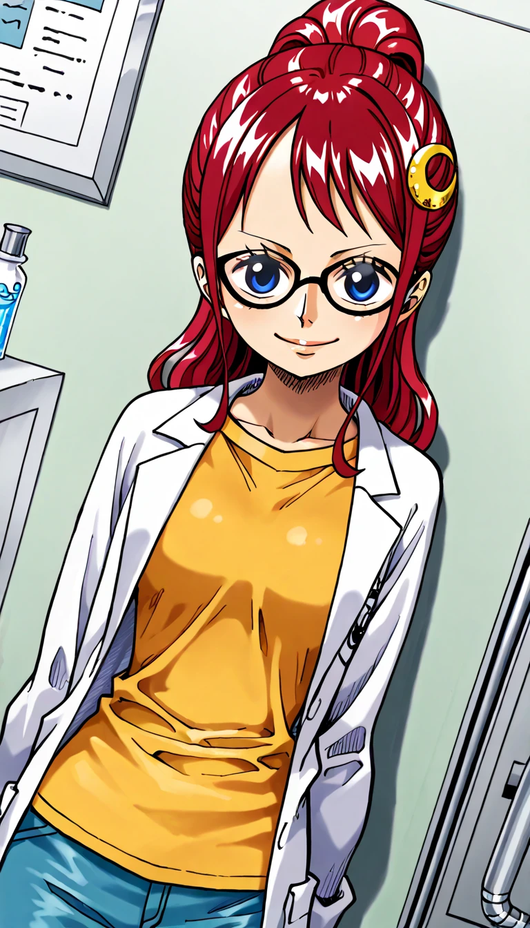 (1boy,  young girl, Mary), (extremely detailed CG unit 8k wallpaper),(master part), (best quality), (ultra detail), (best illustration),(onepiecestyle), cowboy shot, dutch angle, standing, lean into wall, facing viewer, looking at viewer, perfect face, perfect eyes, perfect fingers, traditional media, laboratory, indoors, break , upper body, solo, Red hair, long hair, high ponytail , blue eyes, glasses, blue pants , yellow t-shirt, crescent hair ornament , lab coat, long sleeves, arms at side, smile, 