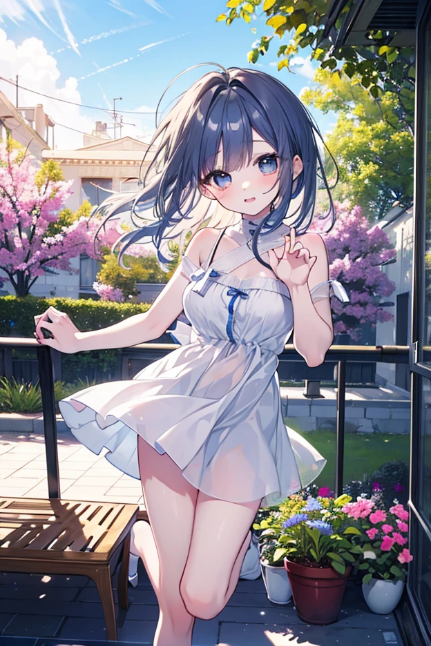 (extremely detailed CG unity 8k wallpaper,masterpiece, best quality, ultra-detailed, beautiful detailed eyes:1.2), five fingersxier,  1girl, solo, hair ornament, seele vollerei, sleeveless dress, white dress, outdoors, bare shoulders, bangs, sleeveless, purple hair, blue eyes, sitting, train  station, in  spring, arms  behind  back