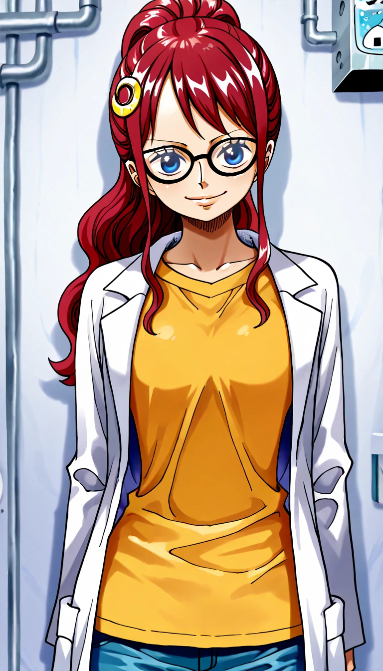 (1boy,  young girl, Mary), (extremely detailed CG unit 8k wallpaper),(master part), (best quality), (ultra detail), (best illustration),(onepiecestyle), cowboy shot, dutch angle, standing, lean into wall, facing viewer, looking at viewer, perfect face, perfect eyes, perfect fingers, traditional media, laboratory, indoors, break , upper body, solo, Red hair, long hair, high ponytail , blue eyes, glasses, blue pants , yellow t-shirt, crescent hair ornament , lab coat, long sleeves, arms at side, smile, 