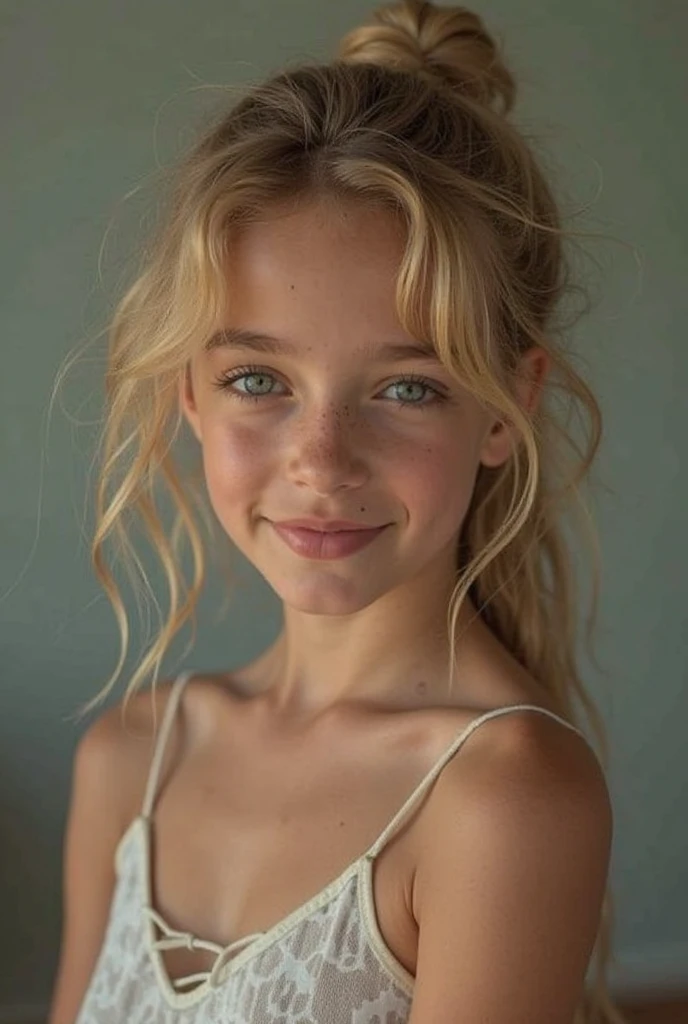 8k, Superior quality, intricate details, ultra detail, ultra high resolution, Masterpiece, Direct face angle,  slender, SMILE, close up photography, (make up: 0.4), (Fluffy brown eyes: 1.21), Blue eyes, looking to the camera,, 1 girl americana de 12 años de edad, Alone, 1 girl, , close up photography, , ((average height)), (((shaped body))), (((thin face))), sharp face, sharp eyes, ((( Golden hair, wide,  )) , (detailed face), sharp face, medium lips, 
 (()), ((Nice short school skirt.)),  detailed face, detailed chest, , medium breasts, ass detail, , beautiful girl with accentuated slim abs.: 1.4, strong abs: 1.4, Botox for bust, Big, perfect body, leg detail, natural light