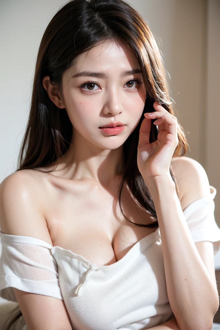 25 year old Korean girl, (woman 1), beauitful face, Expression of wanting to have sex, Balanced body, Beautiful body, detailedskin, Long whit hair, Key 173, tmasterpiece, (hight resolution, Realistic and delicate structure: 1.4), (perfectly balanced body proportions), ((Realistic human body texture image structure)), Attractive woman, (depth of fields), Fanciful, hentail realism, HighDynamicRange, hyper HD, 4K, in 8K, mano, fingers, bare-legged, lying body, hand touching panties
