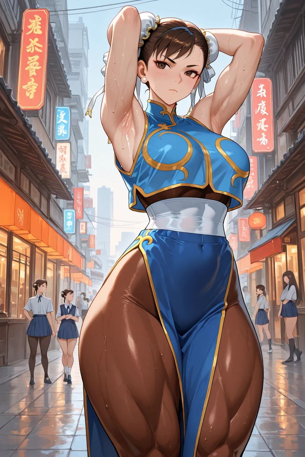 Chun-Li from Street Fighter , ((There are two buns in the hair)) Muscular legs, dynamicposes, white boots,(((Chinese Neck Leotard))),H Cup Bust、large udder、Big ass、wide pelvic、thick thighs、shiny thin stockings、Soft udder、soft ass、Show me your bust、Show me your female genitals、Beautiful nipple、Show me your nipples、sensually、clit、Upper Stage Kick、lewd body、Posture with buttocks sticking out、