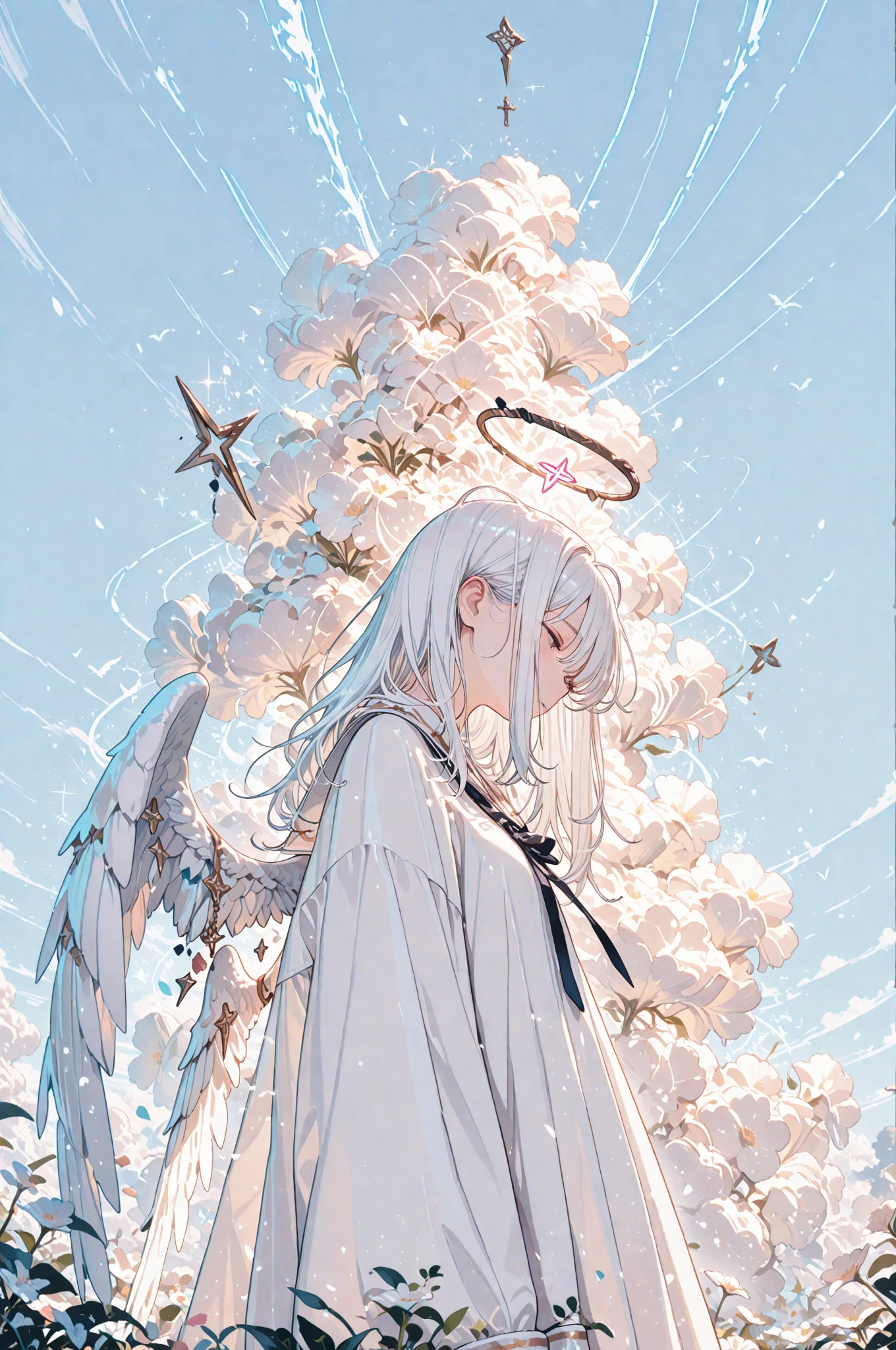 (masterpiece, top quality , details, 8k, 4K, high resolution,),illustrations、 Angel with Broken Wings、Long White Hair Fluttering、looks like it's falling from the sky with its head down、beautiful scenery、drop down！、Lucifer's Fallen