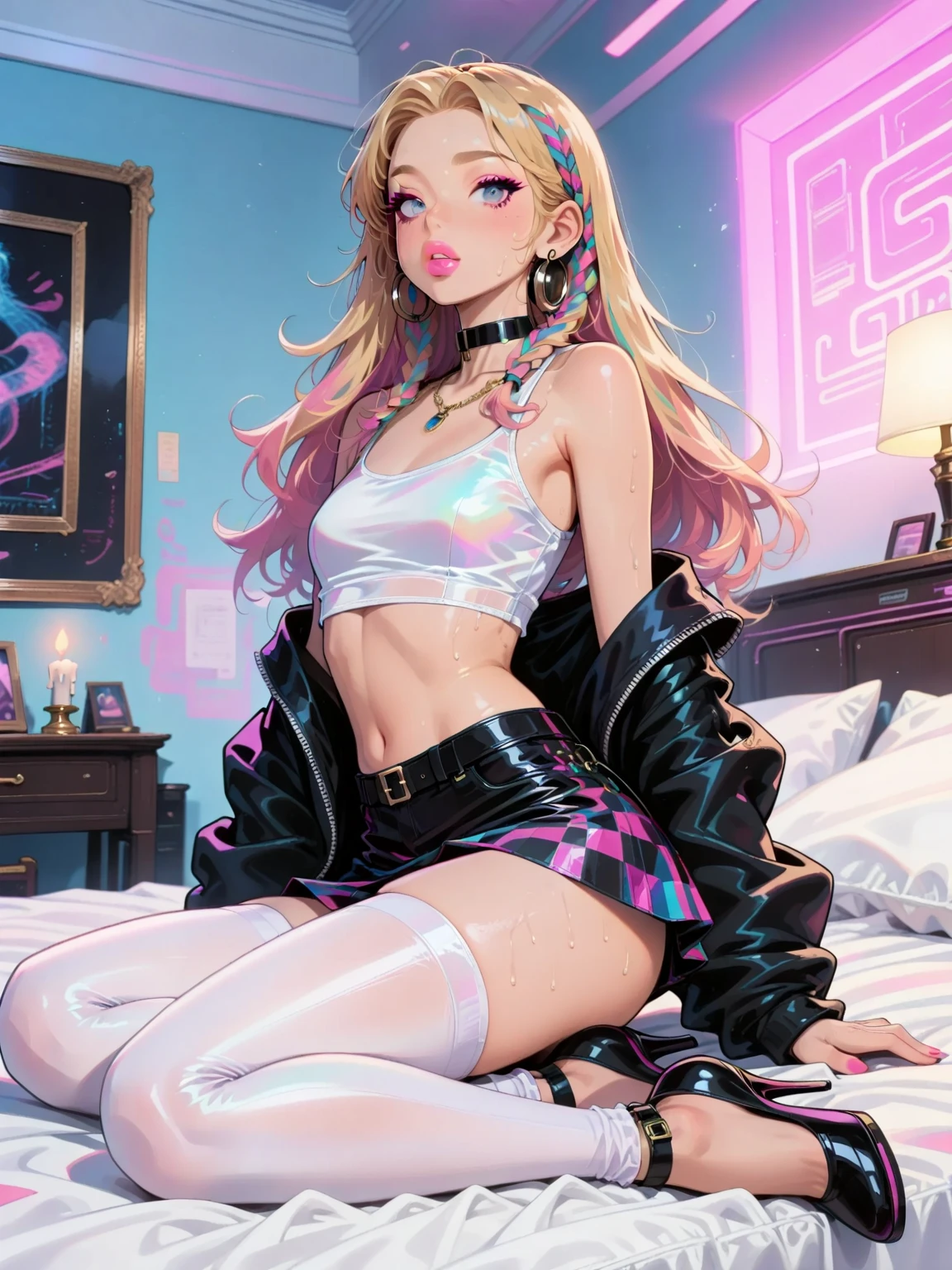 ((Brec Bassinger)) , blond woman in a bikini with a choker, wearing pearl neon bikini, colorful hair, blond hair with twintails, Busty, large breasts, curvy
y 2 k cutecore clowncore, blonde goddess, electronic bikini, rave inspired, bold rave outfit, decora inspired, cute rave outfit, divine ray over her head,
rave outfit, cute bikini, lone female goddess Lens flare. Backlight effect. galaxy background. hard lighting from side, shadows