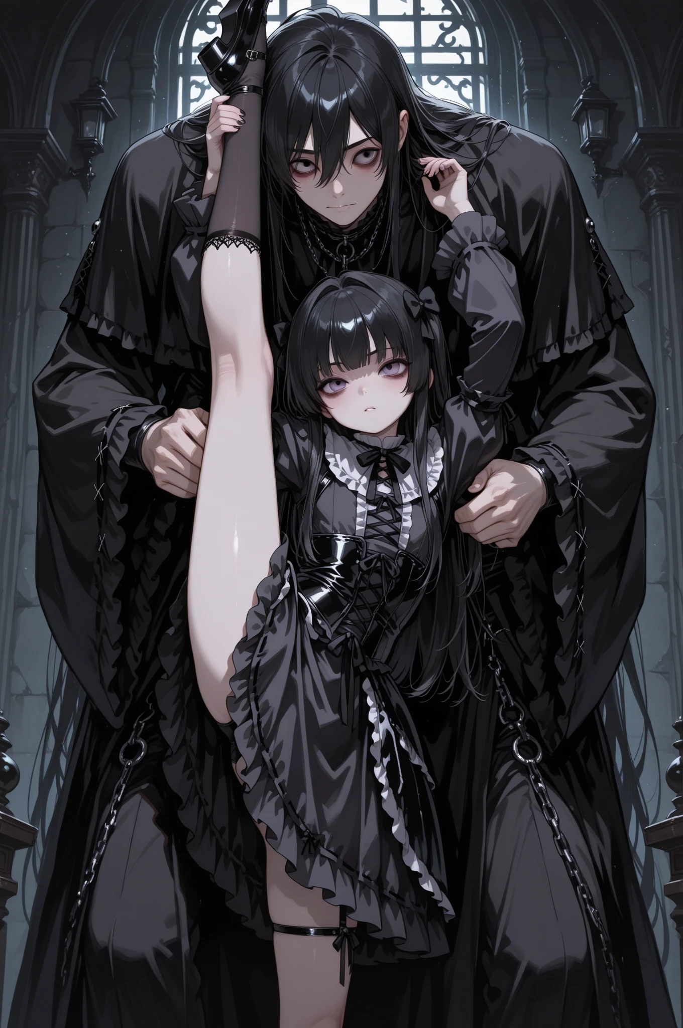 1girl, 2boys, three people, polygamy, threesome, gothic, mature, adult, noble, vampire, fangs, red eyes, white hair, long hair, parted bangs, tattoos, pierced ears, full body, Masterpiece, best Quality, blood, happy, sexy, nsfw