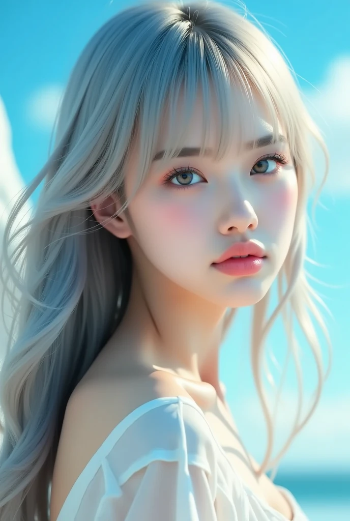 (masterpiece, highest quality:1.2), 8k, 85mm, RAW photo, confused, white and cyan theme, (liquid clothes, liquid dress:1.4), gray hair, gradient dress, delicate girl, Upper body, close your face, shiny skin, teen, looking at the viewer, HDR, sharp focus, particle, dusk sky, shiny skin, detailed eyes and face, colorful background, simple background