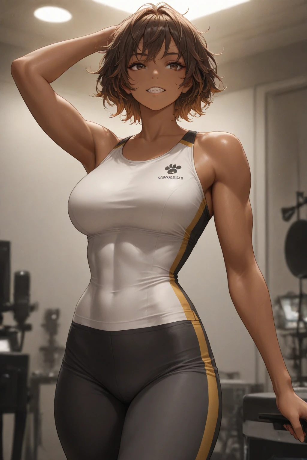 beautiful woman, tanned, short brown hair, dog ears, yellow eyes, yellow warrior outfit, very large bust, muscular body, inside the castle, high definition