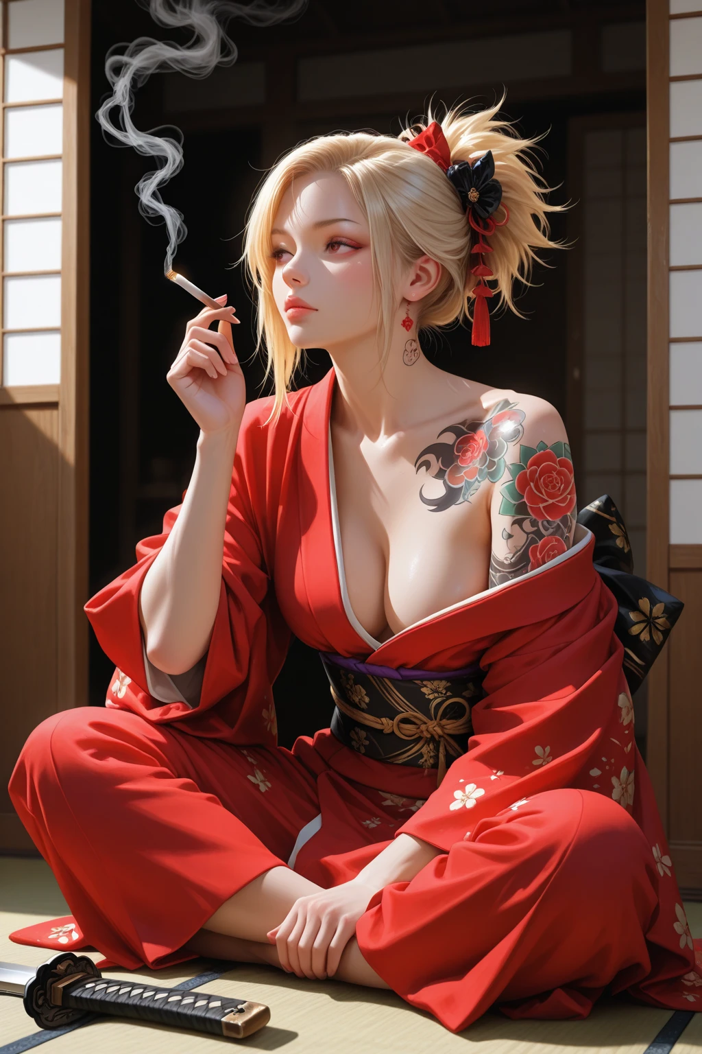 Masterpiece, highlydetailed, Hyperrealistic, HD, (fullbodyshot)of a beautiful red oni woman (squatting down), (muscular curvy and thick:1.3) (female warrior body) with (red skin:1.4), (long messy white hair:1.2), (oni horns), (wearing offshoulders kimono:1.1) with (tiger black AND orange pattern kimono:1.5) and (Japanese hightheels) Holding over her shoulder a (massive iron spiked rod), and smoking a longue and thin smoking pipe in her lips releasing thick smoke, perfect face features with seductive look, perfect body shape with body tattoo, expressive glowing eyes.