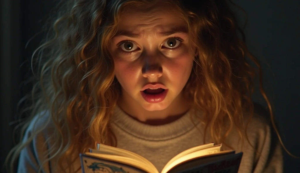teenager in pajamas, with big breasts, with little clothing, reading a horror story, on the sofa, poor illumination, scared face, big breasts, light green eyes, with rings in her ears,