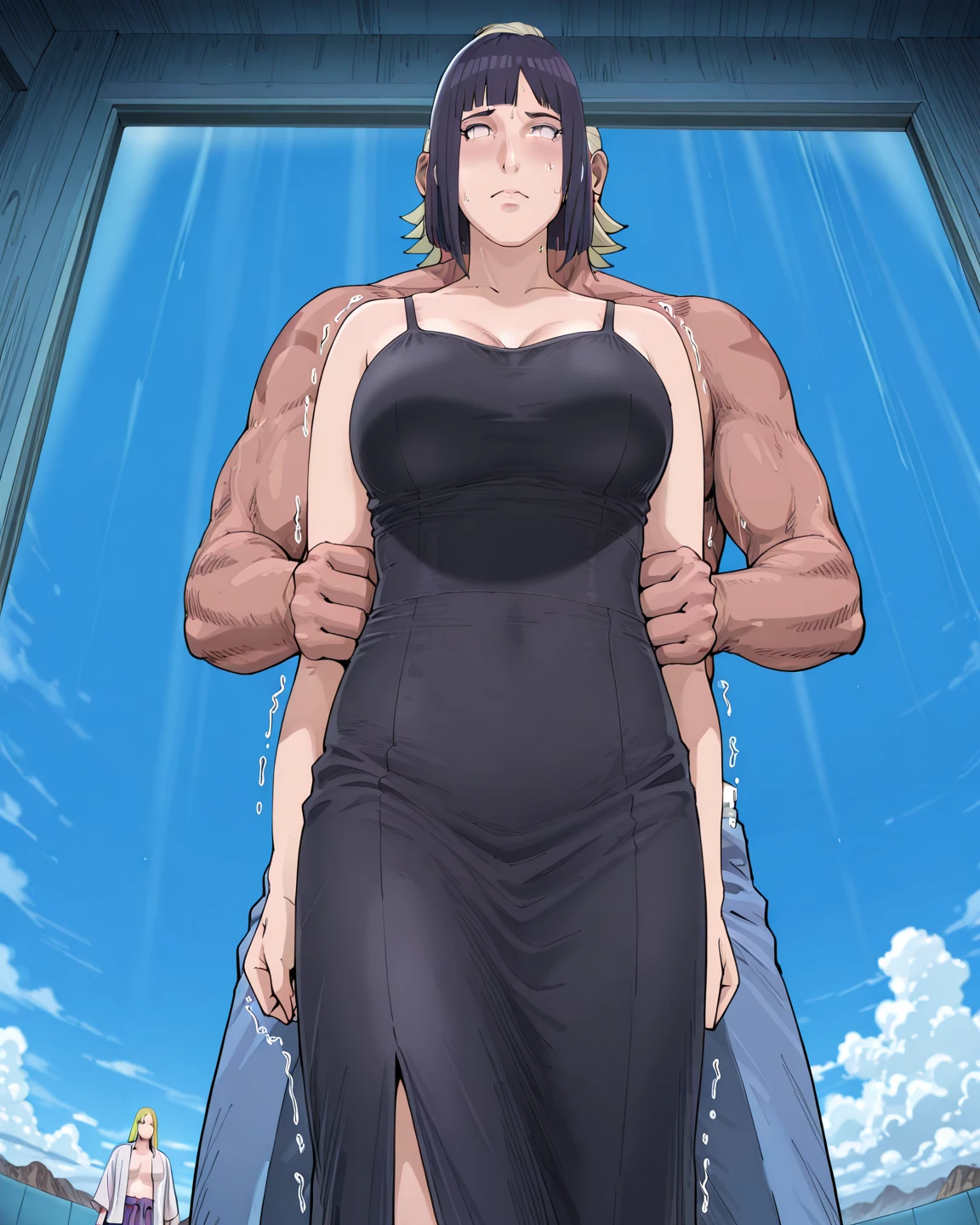 SFW, Realistic,Best image quality, Tabletop, Street Corner,Alley,Very fine, Extremely hot standing (Woman 1) Use something sexy ((naked)), (Highlighted Hair, long dark dark blue hair,Beautiful detail body, きらきら輝くBlack eyes,)、(Black eyes)、(((naked)),(Big Breasts)、 (Big Ass), (Thick thighs), (Fearful expression), Blushed, old small man ass groping Woman 1 from behind,(((old small man pressing his chest on Woman 1 back))) and (((Hold her back by her waist)))naked,naked,Sex