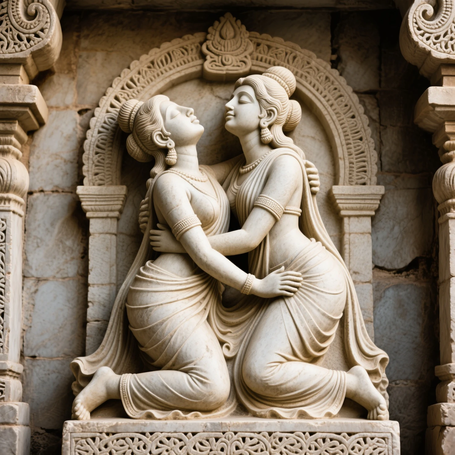 traditional Indian relief sculpture depicting two seated deities. The left deity, with curly hair and a garland around his neck, holds a cup in his right hand while his left hand rests on his knee. The right deity, adorned with elaborate jewelry and a serene expression, makes a gesture with her right hand, index and middle fingers extended, while her left hand rests on her knee. Behind them, a circular halo with intricate patterns emphasizes their divine status. The scene is framed by a rectangular border with a wavy outline.