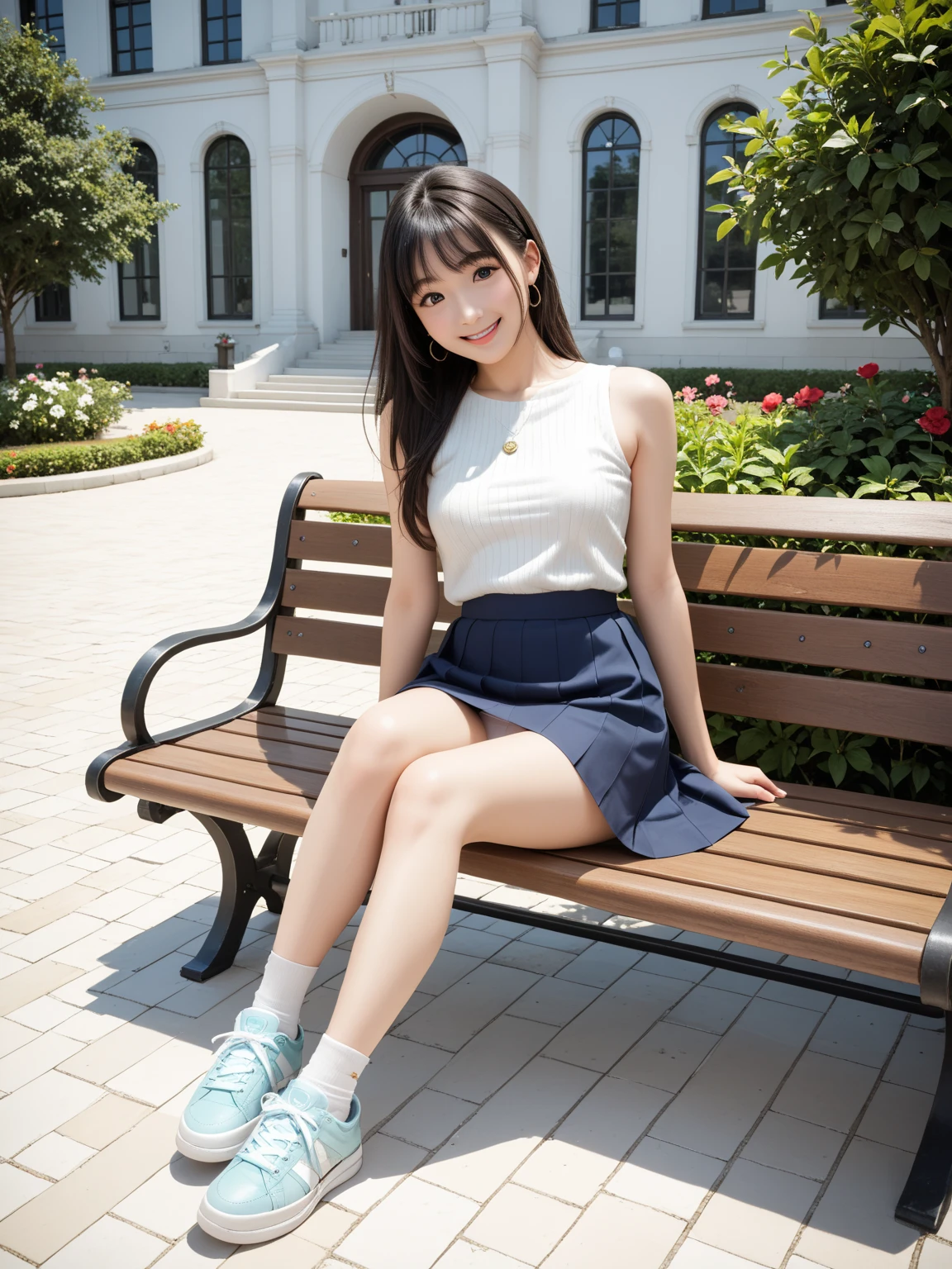 ​master piece, Best Quality,(12 years old Japan girl:1.5),(Looks like you're about to cry:1.3) ,(M-shaped legs spread on a park bench:1.8),(Junior high school girls&#39; summer clothes and hairpins:1.8),Brown eyes,(Small:1.7),(Smooth straight hair:1.5),(Slender body,Skinny Legs),A detailed eye,Very white skin,Letting down your bangs,Detailed body,Detailed hand,No makeup, full body Esbian, Smile,Smile showing white teeth,