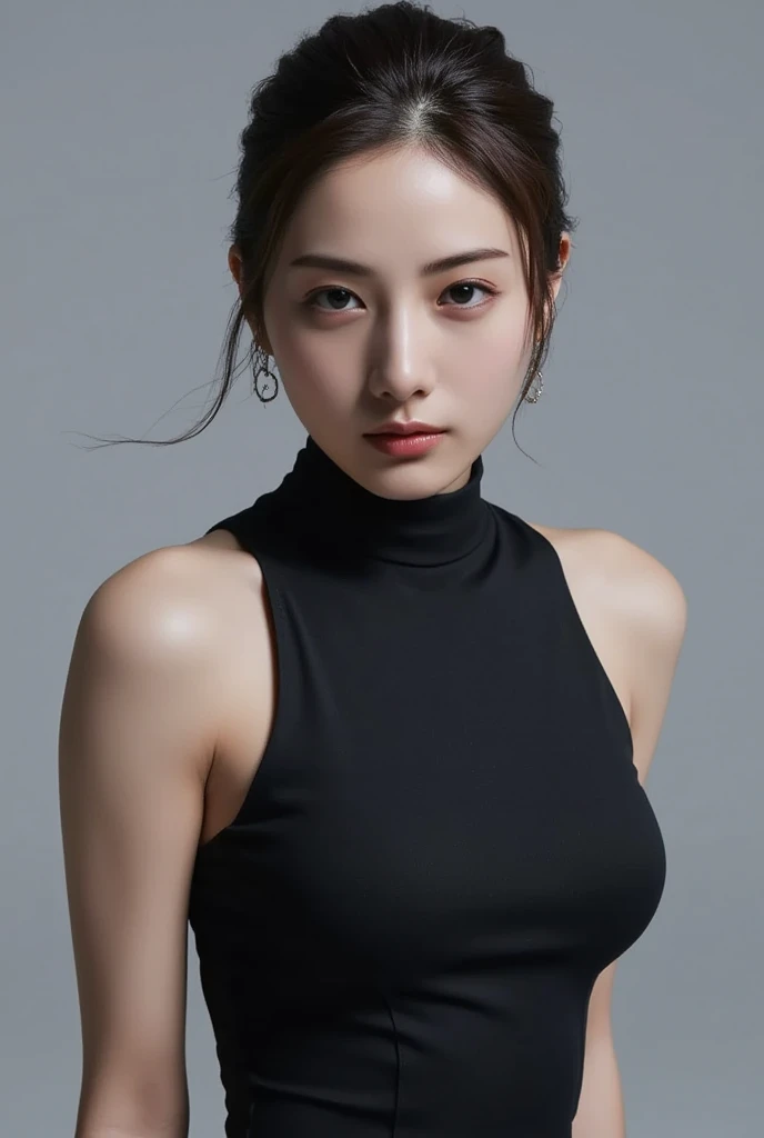 (ultra realistic,32k, masterpiece:1.2),(high detailed skin:1.1),( 8k uhd, dslr, high quality:1.1),
1girl,black hair,bangs andy ponytail,Jumpsuit,Mock Neck Sleeveless Leggings,(red lips:0.8),(mascara:1.1),huge breast,
(looking at viewer, sitting, from above:1.1),
(volumetric lighting:1.1),blank background,