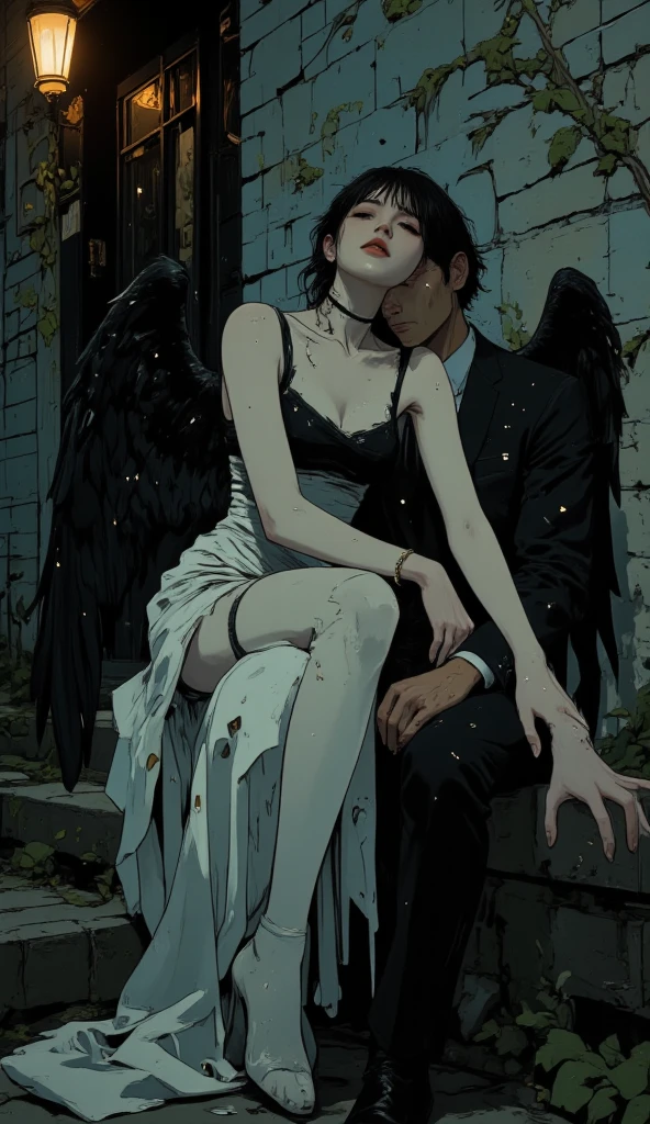 The image is anime style cowboy bebop and Darker than black with shadows and dim lights, anime style although somewhat adult and dark, It shows a man with medium-length black hair wearing a cape, Thin build wearing a white and blue theatre mask of the smiling Melpomene or Thalia type, that does not allow his face to be seen, in a side pose with his cape billowing forward; con sus dos brazos carga un angel de color gray, piel gray como si fuera una escultura de piedra adulta femenino de muy largos cabellos, de piel gray, gray, con tatuajes de letras hebreas en rojo y piel de color gray desmayada, asleep, that has eight wings, whose head, hanging, like your feet. It looks ominous. Anime style white wall in the background, white rock debris everywhere. La piel de la mujer es color gray y solo la mujer de tes gray tiene muchas alas enormes
