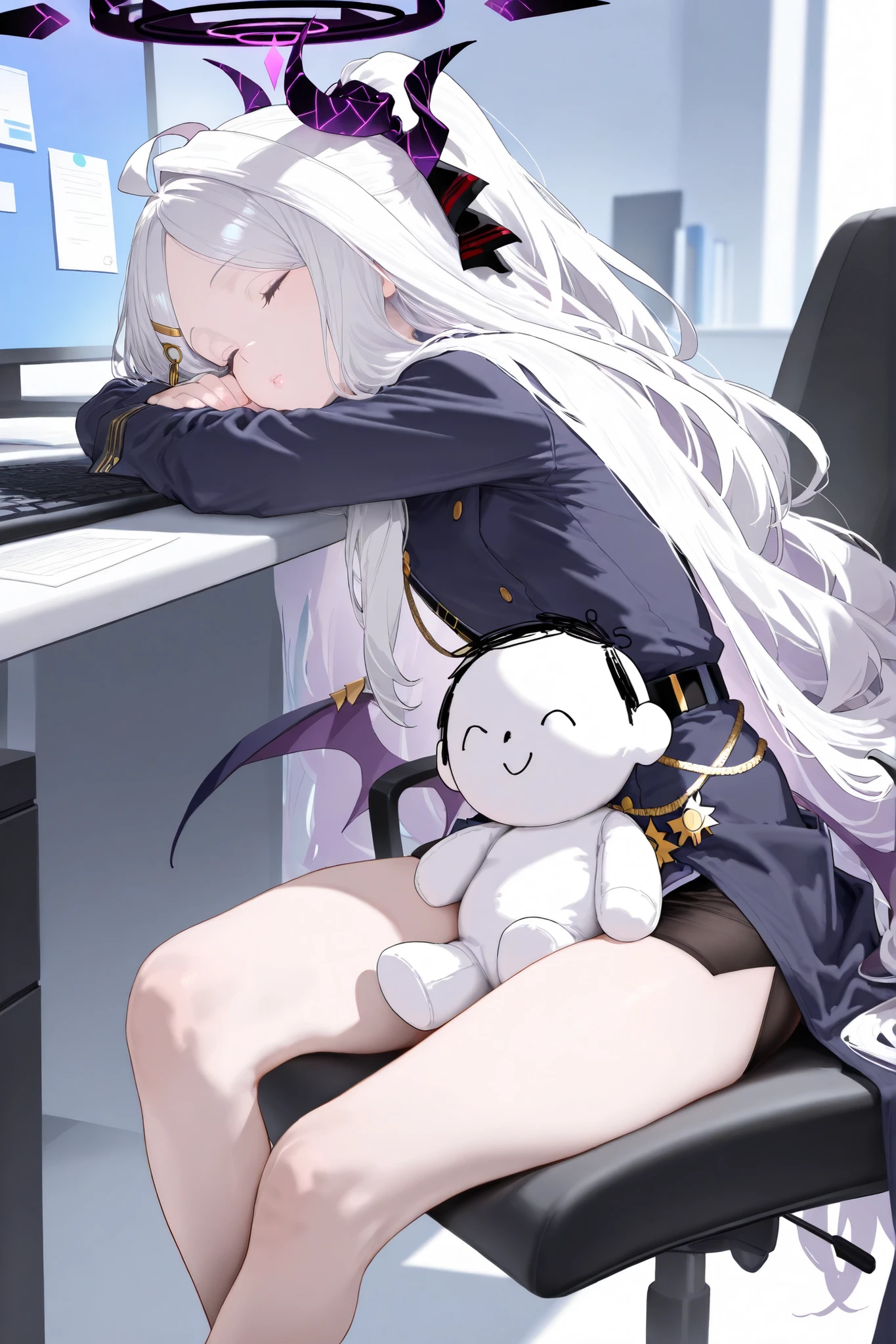 (masterpiece),high res, 4k, UHD, hina(blue_archive), thin clothes, thighs, gasp, sitting on chair, lips, young, waist wings, hand support, resting head, resting on arm, head on keyboard, office work, long coat, uniform, realistic, sleeping on plushie, sensei doodle, sensei plushie
