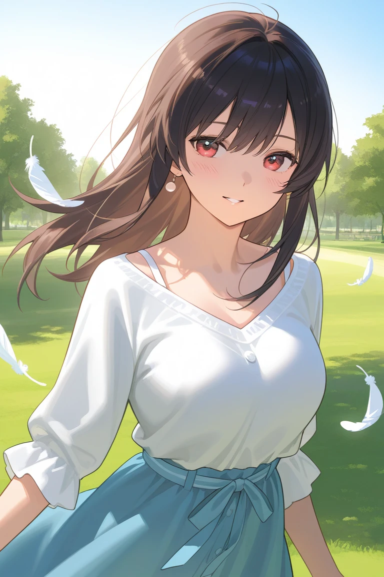 masterpiece, best quality, very aesthetic, absurdres, newest, 1girl, solo, long hair, breasts, smile, blue eyes, brown hair, shirt, long sleeves, hat, dress, cleavage, flower, outdoors, parted lips, sky, day, cloud, arm up, blue sky, lips, bird, looking away, floral print, cloudy sky, outstretched arms, pink shirt, visor cap