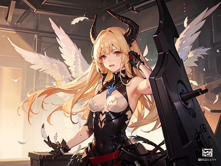 fantasy, 1angel_girl,(young_teen:1.5), ,brown_hair, medium_bob_hair, long_bangs, halo,bare_shoulder,thighhighs,silver_armor, waist_armor, large_breasts,angry,grinning,open_mouth_teeth, 1pair_wings, dynamic_pose_fighting,floating, bare_crotch, headgear,gauntlet, greaves,city_background,slightly_spread_legs, solo, groin_naked,