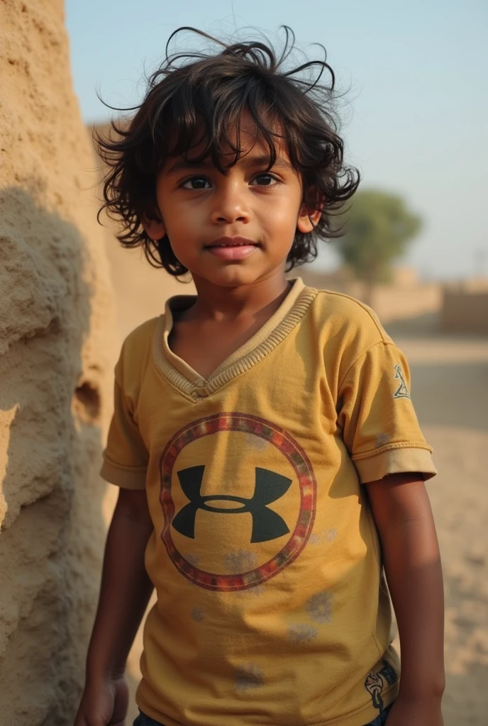 Children from Middle Eastern countries stare blankly at the ground,Wearing a very large T-shirt,There are ruins all around