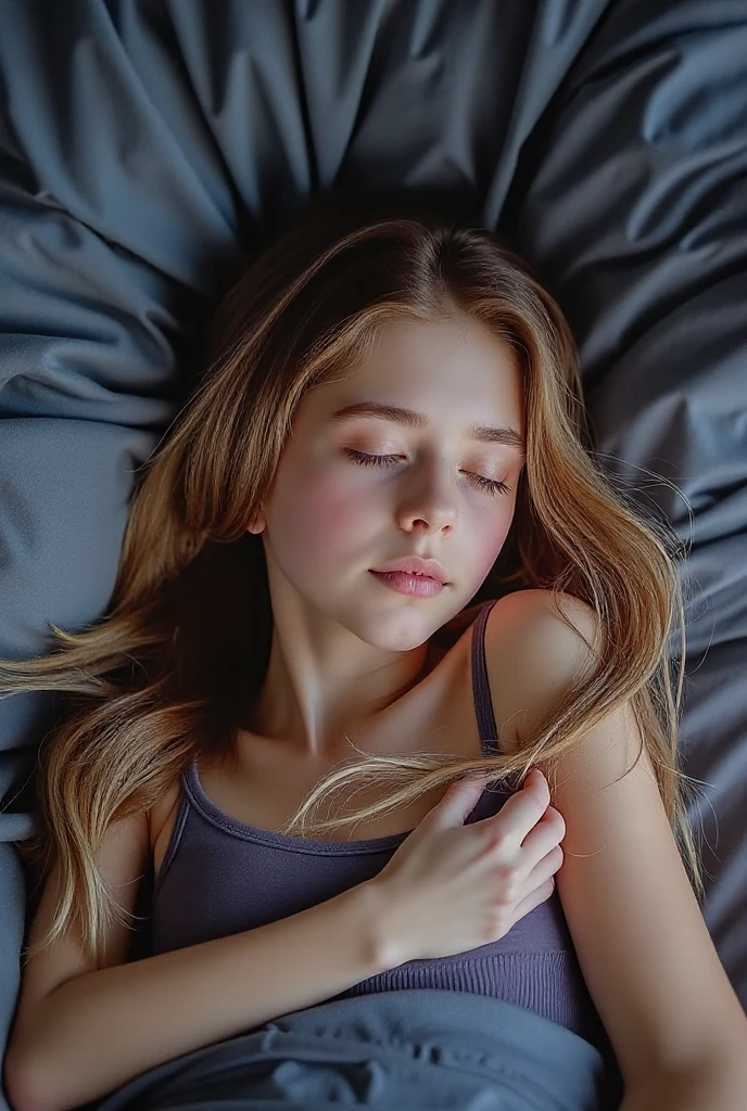 Girl in dress sleeping with her arms over her head