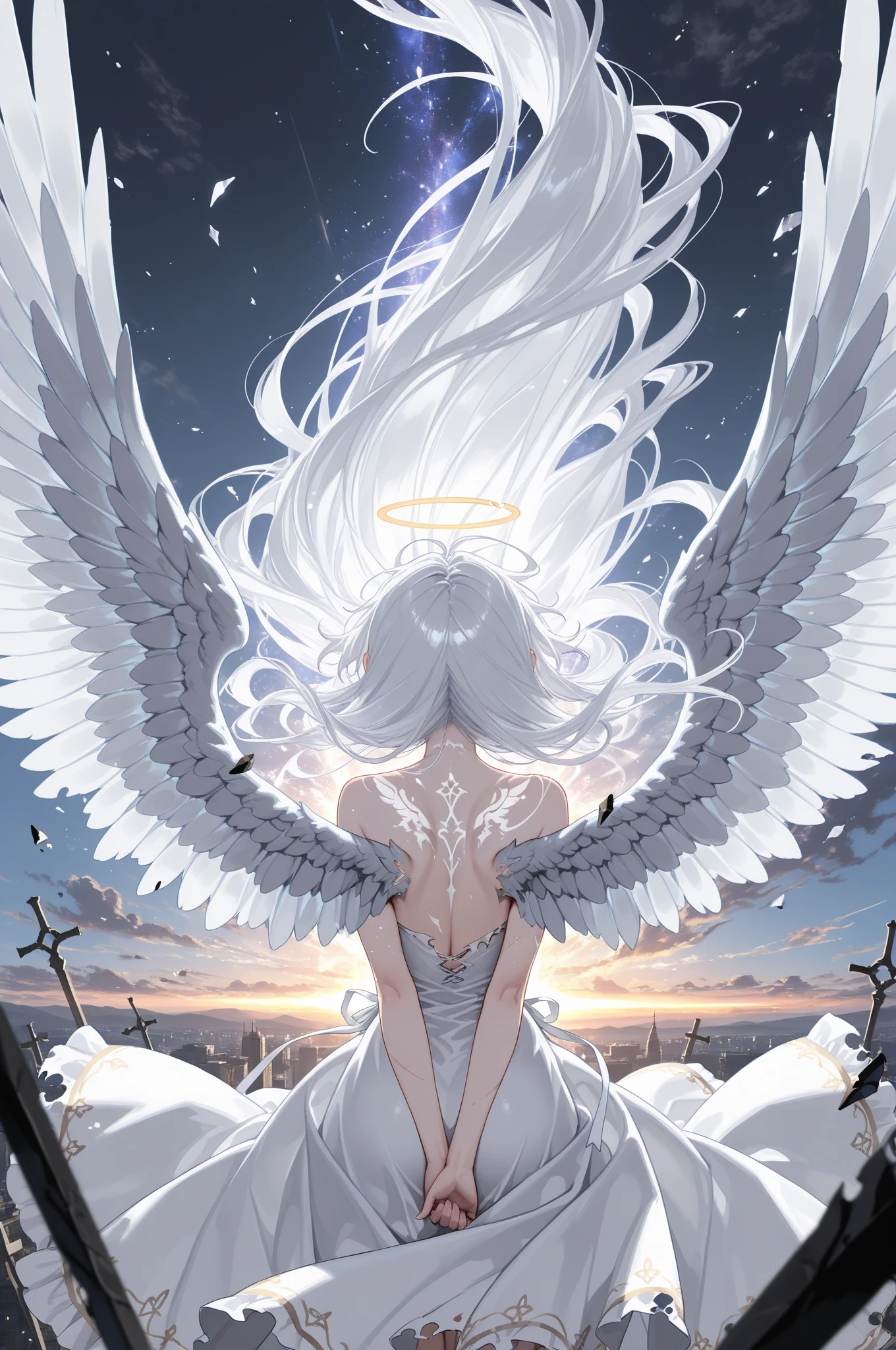 (masterpiece, top quality , details, 8k, 4K, high resolution,),illustrations、 Angel with Broken Wings、Long White Hair Fluttering、I'm falling head down from the sky、The wings are torn off、beautiful scenery、drop down！、Lucifer's Fallen