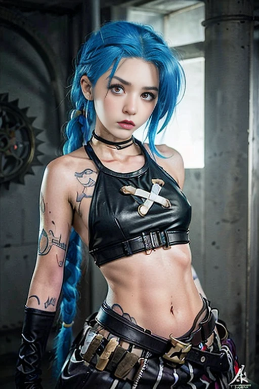 (RAW photo, best quality), Cute jinx girl with long light blue hair, (double ponytail), (hair over one eye), (blue eyes), (alley background), frontal sunlight, jinxlol, cute smile, gorgeous face , super cute, punk, healthy face, 17 years old , young looking, hyper detailed face, detailed skin, heavy dark eyeliner, (enormous super sized breast), ((tight dirty and worn down leather pants with a lot of wrinkles and scratches)), LowriseXL, ((belt bra)), ((leaning back against wall)), ((multiple studded belts, bullet belts and thigh belts))), (((two black leather collars))), exposed midriff, tattoos, leather arm sleeves, ((many hip chains)), ((rock hard abs)), putting weight on one leg, (((navel piercing)))