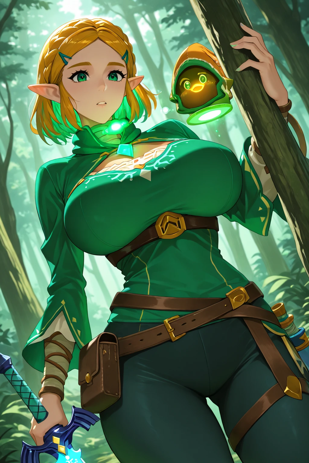 masterpiece、highest quality、Pokémon、nathan、Colossal breasts mature woman、Colossal breasts mature woman、colorful hair、green capellet、(((green cape)))+++、(((green cape)))+++、(((green cape)))+++、black shirt、long sleeve、abdomen、belt、orange shorts、big breasts、Upper body、smile、look at viewer、Wrinkled between the eyebrows、forest、bee、garden、flower