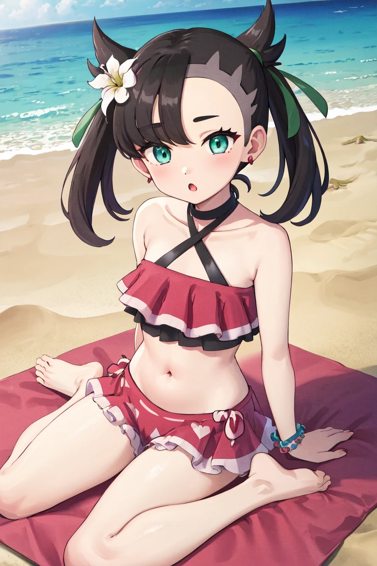 Marnie from Pokemon, Bikini Sexy, Shy Face and Red, Pale, Young teen, In beach