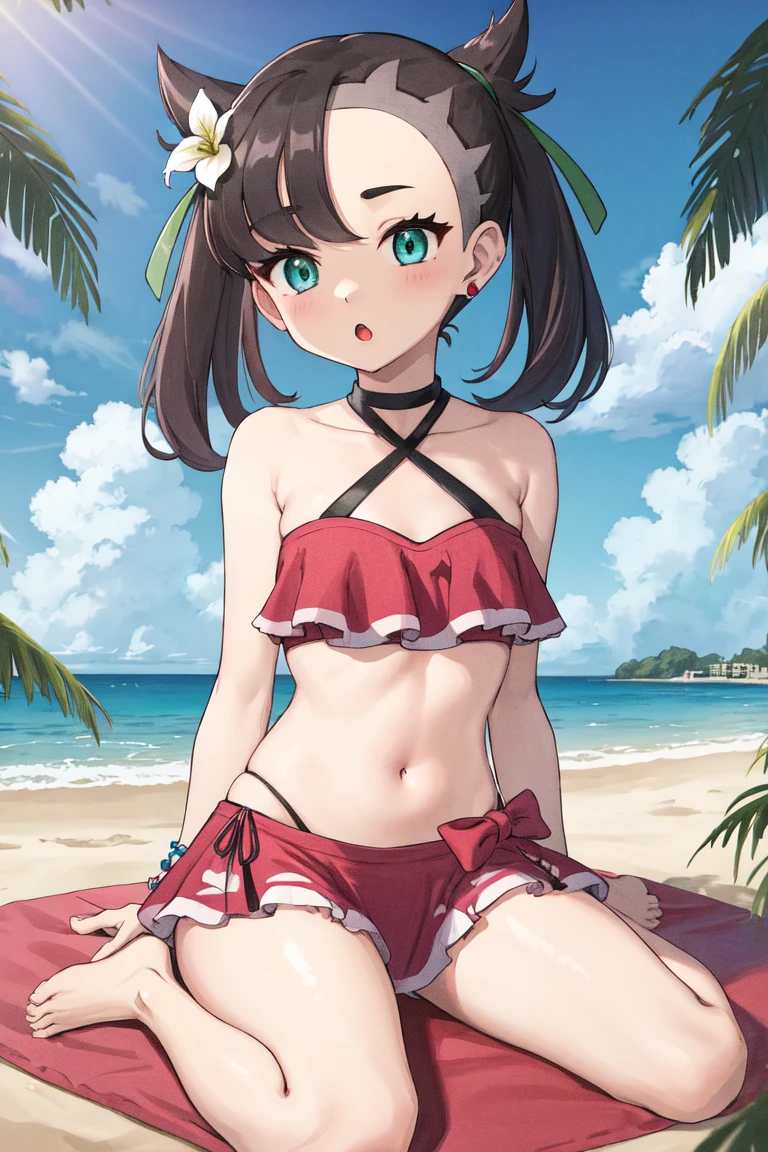 furry girl, wolf, black hair, punk hairstyle, long spiky ponytail, anime style, small breasts, red eyes, makeup, eyeshadows, ((deep red bikini ruffled triangle, high cut bottom, star necklace, beach sarong with shooting stars on hips)), high quality, detailed body, detailed eyes, detailed face, masterpiece, glistening body, detailed body fur, best quality, two tone body, gray fur, clear gray fur, perfect lighting, perfect shadows, perfect eyes, perfect hair, perfect face, gorgeous body, skinny, solo, :3, cute, full body, feets with three toes, 3 toes, beach, clear sky,