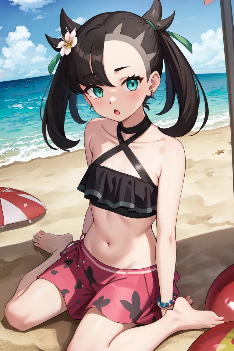 nsfw, topless, Not wearing a bra, ((spread pussy by finger, Love juice)), Nipples are visible, Sweat, Embarrassed face, Small breasts, masterpiece, Highest quality, High resolution, Marnie, Aqua Eye, green ribb○n, hair fl○wer, Earrings, jewelry, Halter neck, bracelet, belly button, , , sar○ng, Beach, Spread your legs, , Sitting, baref○○t,Cover your chest with your hands