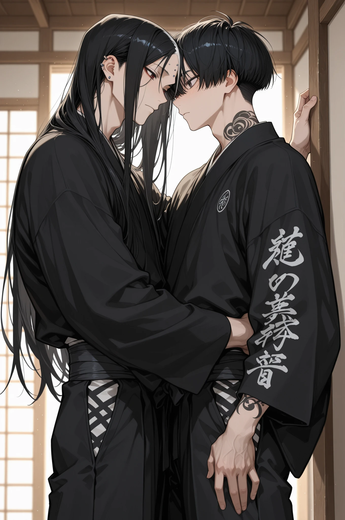 The black-haired male straddles the white-haired male's lap，The black-haired man held a dagger against the white-haired man's neck，kisses，Ancient China，Long hair，Hanfu，Palace